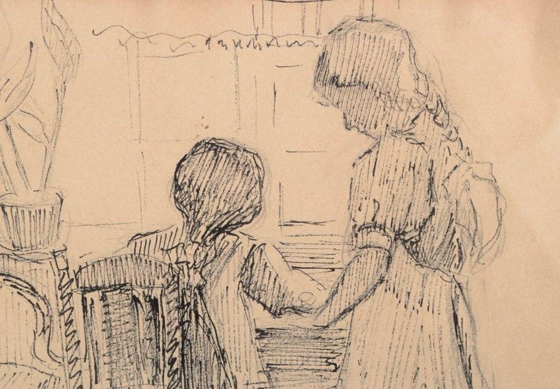 Sophus Paulsen (1883-1935), Danish painter. Pencil drawing. Girls by a desk. In Excellent Condition For Sale In Copenhagen, DK