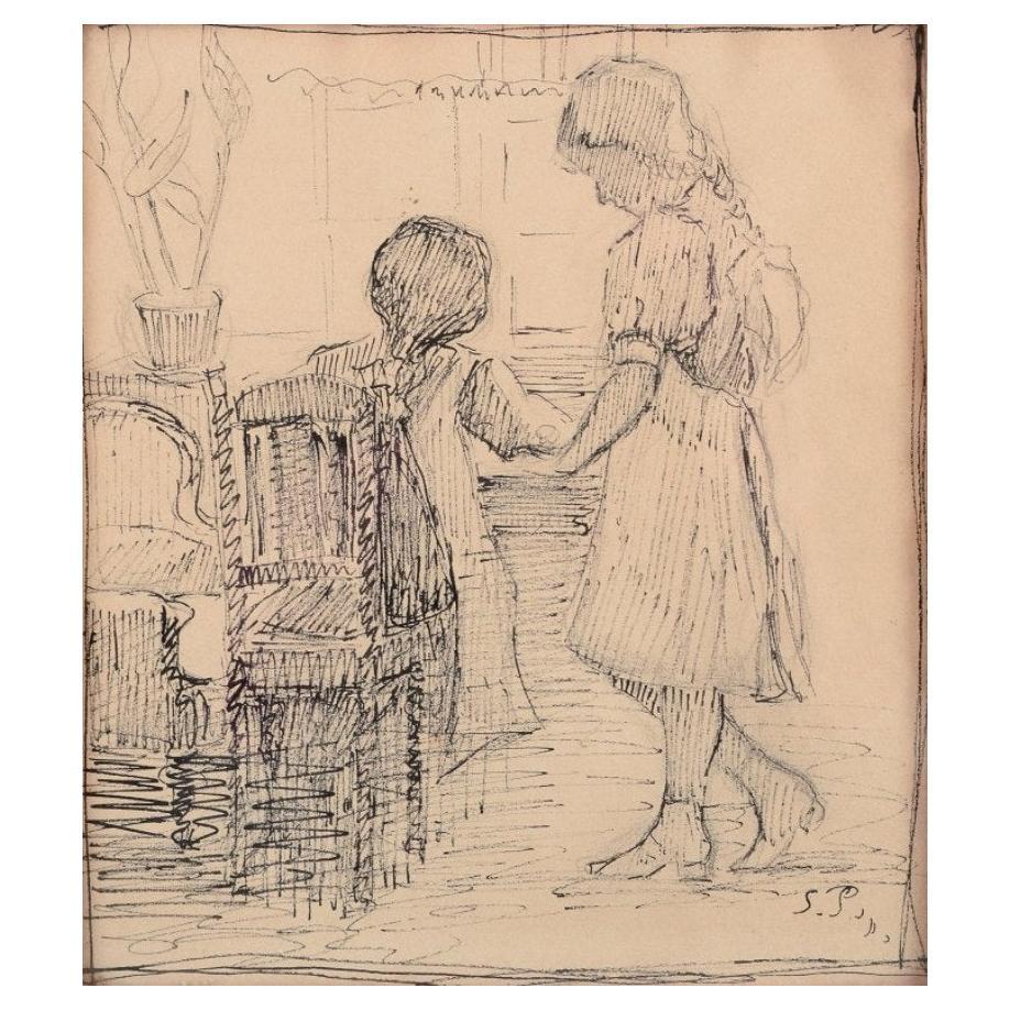 Sophus Paulsen (1883-1935), Danish painter. Pencil drawing. Girls by a desk. For Sale