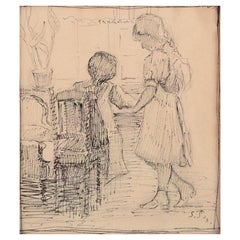 Sophus Paulsen (1883-1935), peintre danois. Dessin au crayon. filles par un bureau.