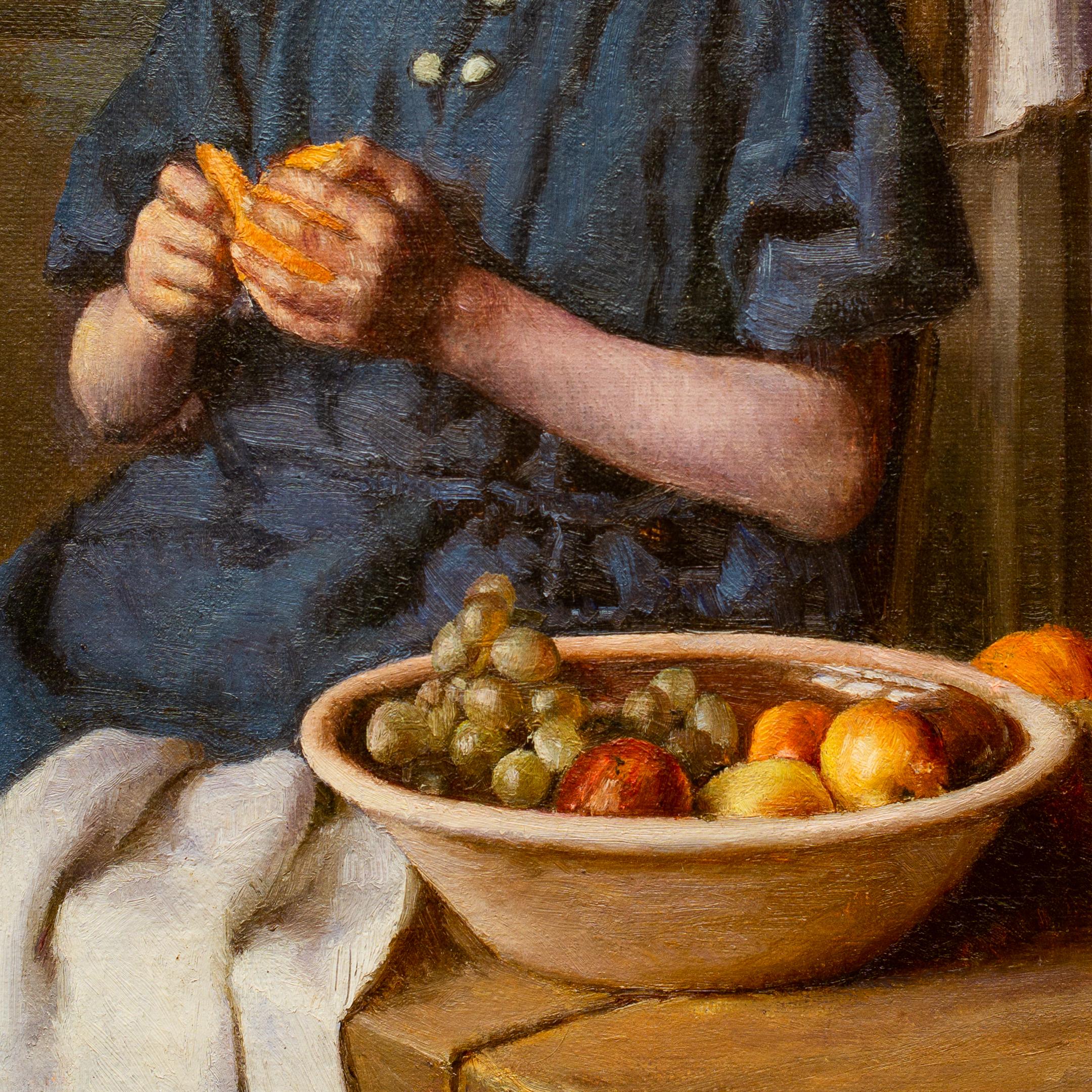 A Young Girl Peeling Fruit by Danish Artist Sophus Vermehren, Oil Painting 1