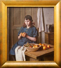 Antique A Young Girl Peeling Fruit by Danish Artist Sophus Vermehren, Oil Painting