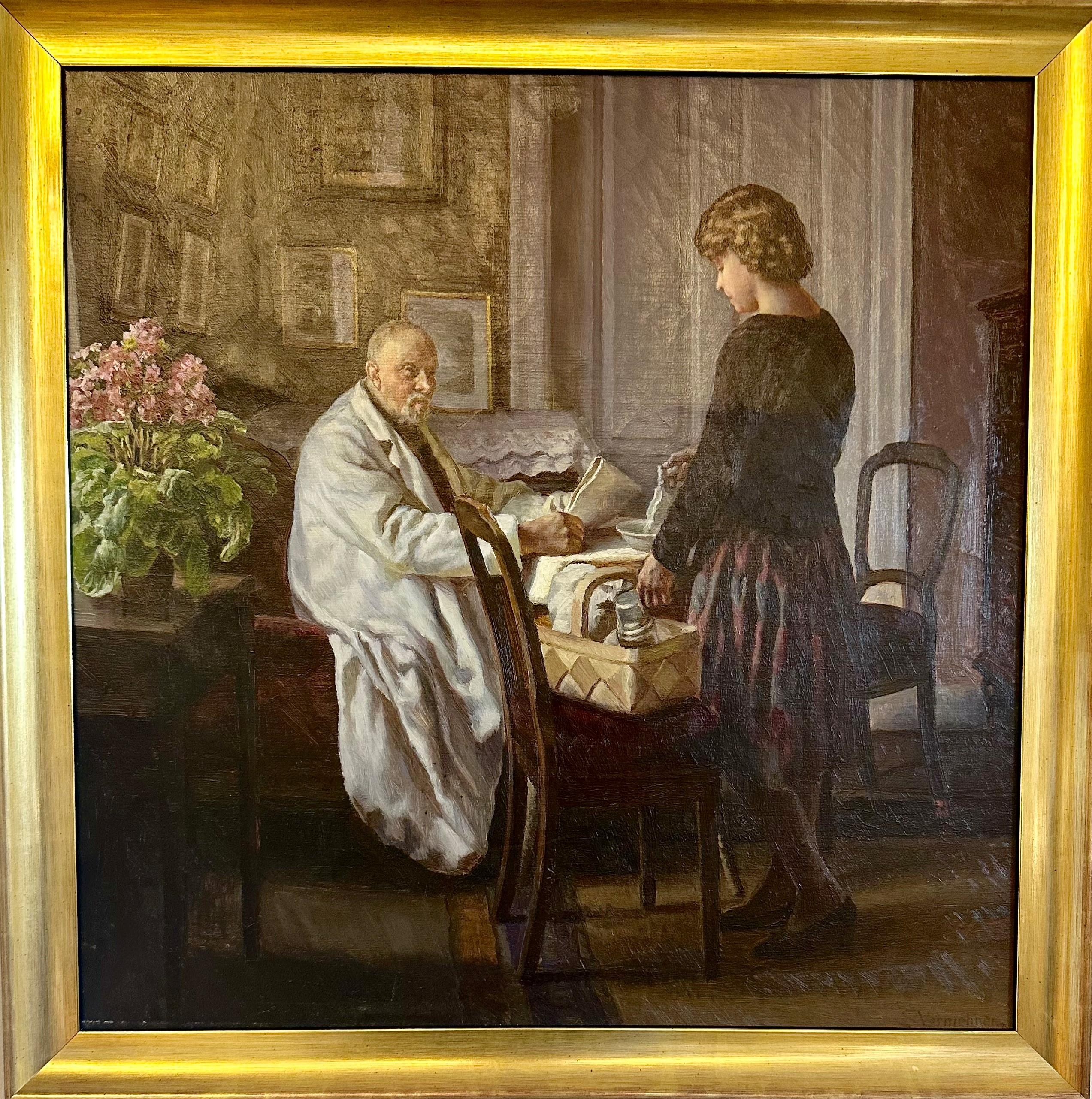 Sophus Vermehren Interior Painting - Girl with grandfather