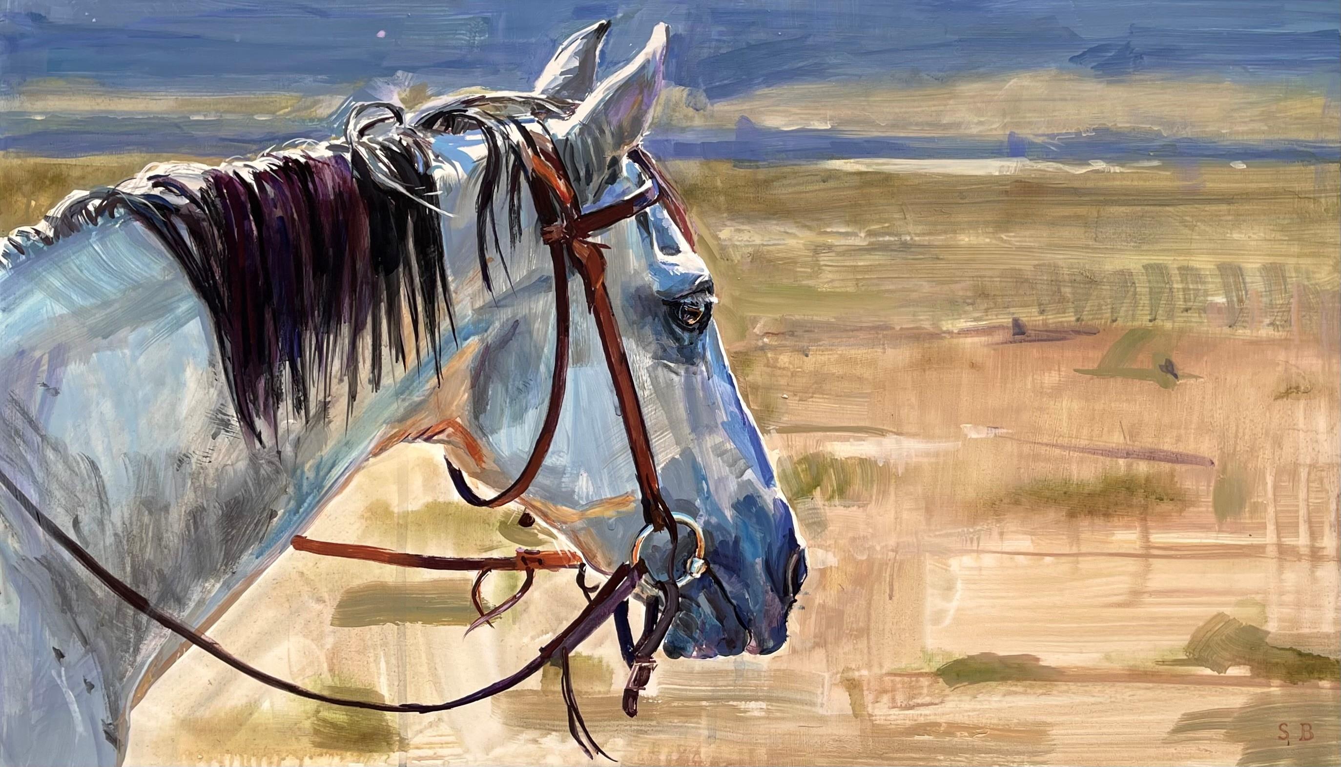 "L'ora del giorno" (2018) di Sophy Brown, pittura originale a tecnica mista su cavallo