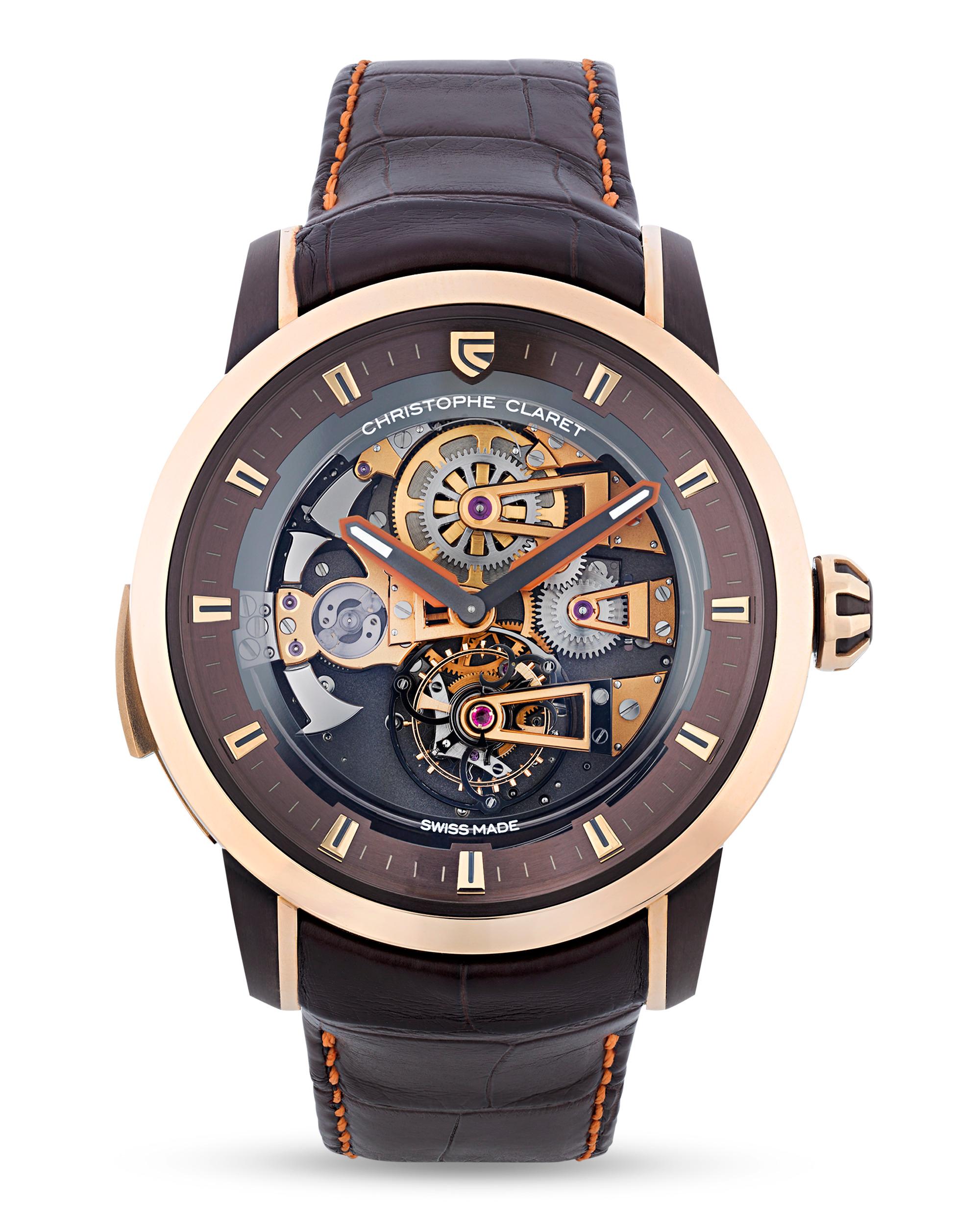 Hailing from the Christophe Claret limited edition Soprano collection, this watch possesses two of the most sought after complications among luxury timepiece collectors: a tourbillon movement and minute repeater. The tourbillon was specially