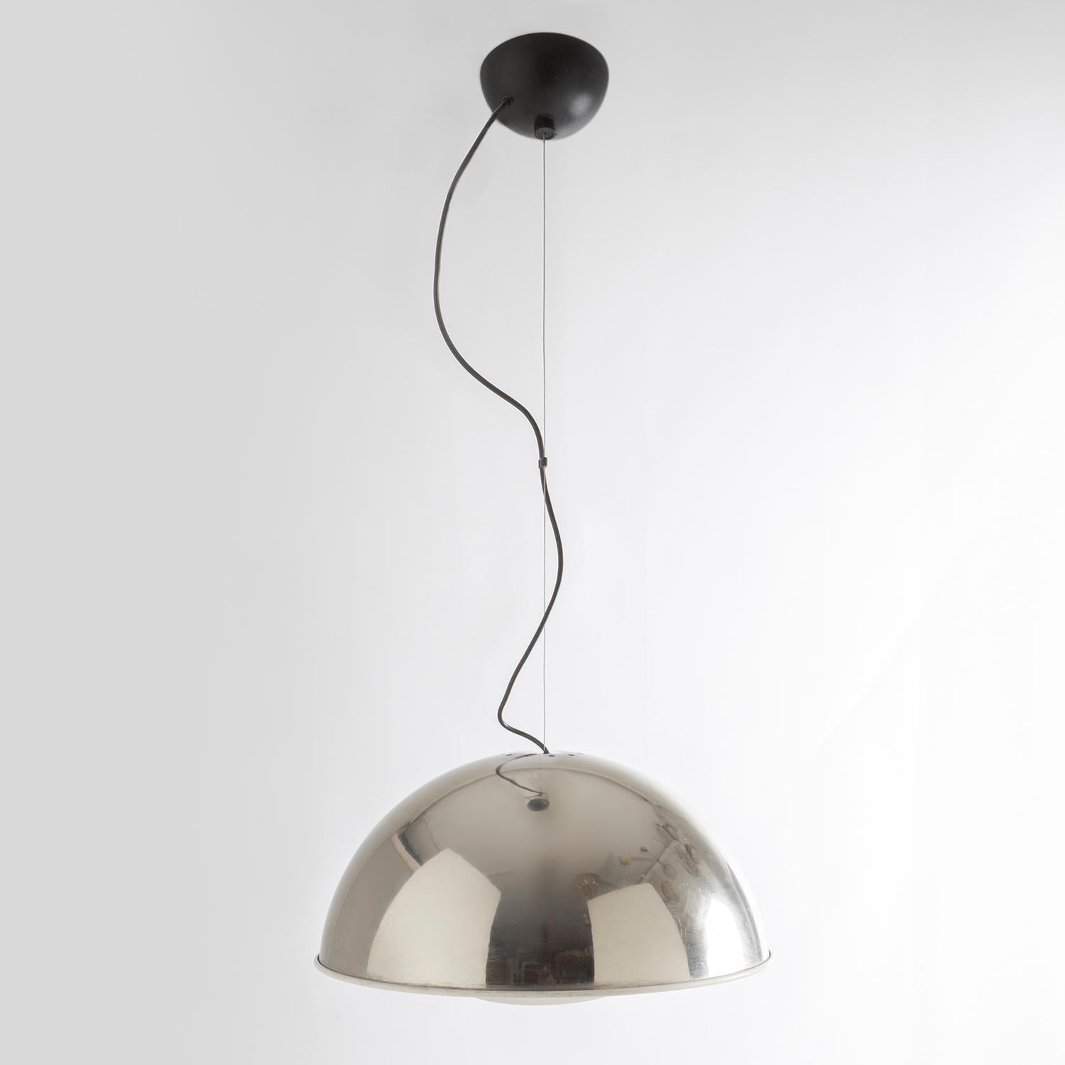 Rare and unusual pendant designed by Max Ingrand for Fontana Arte in the late 1960s, chrome cap and white inner reflector. Etched and frosted diffuser glass. In excellent condition, the height measurement refers to the canopy only, the height from