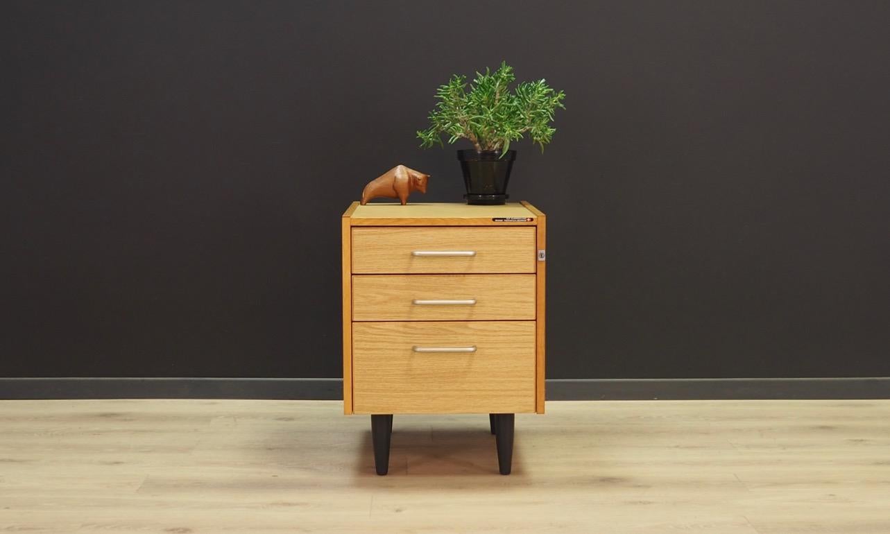 Fantastic chest of drawers from the 1960s-1970s, Scandinavian design, minimalistic form. Manufactured by Sorø Terminalborde Ole Bjerregaard Pedersen ApS. Surface of the furniture is finished with laminate, with metal handles. Furniture has three
