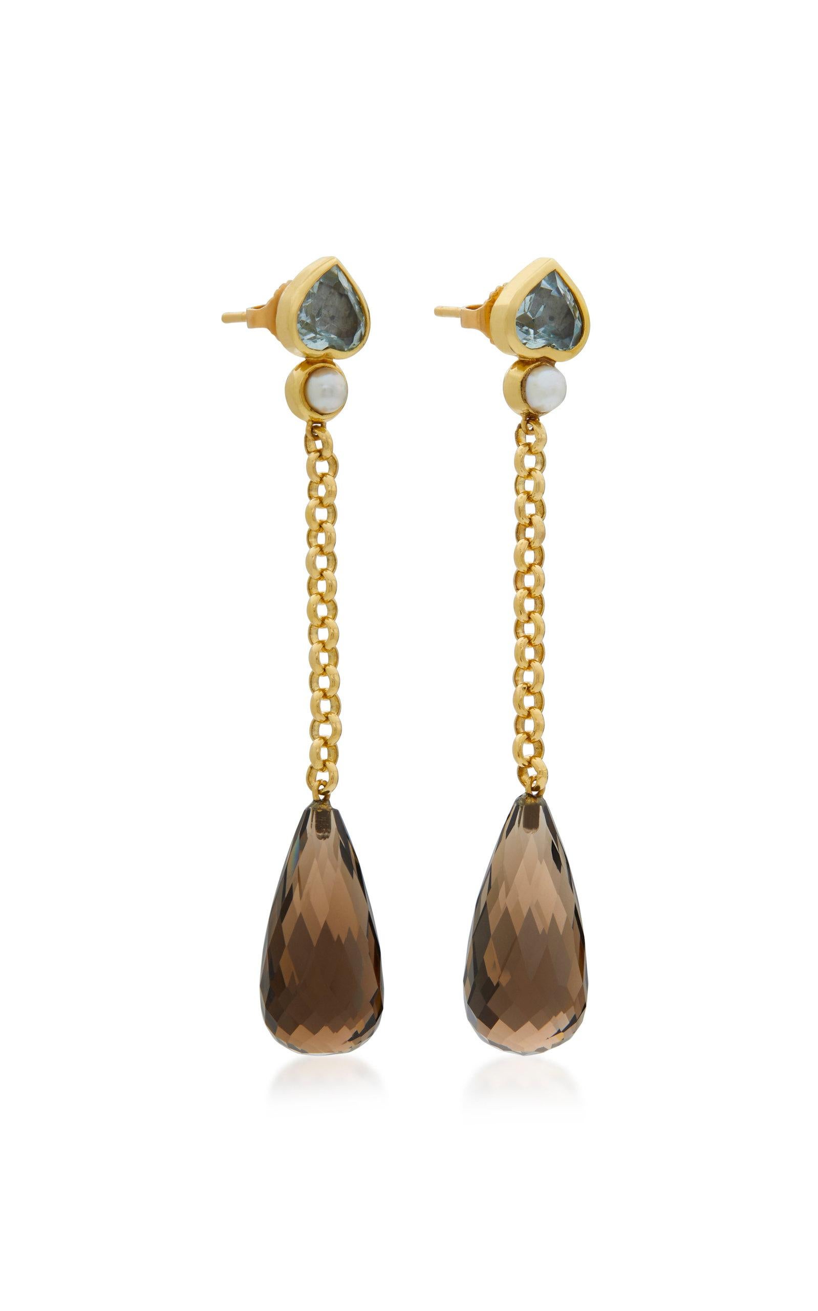 Dangle Earrings of heart shape Aqua studs with pearl and 18 karat yellow gold chain with a smokey Topaz briollette dangle. Signed Sorab & Roshi.
Aq= 2 cts., ST=35 cts.
2 1/4