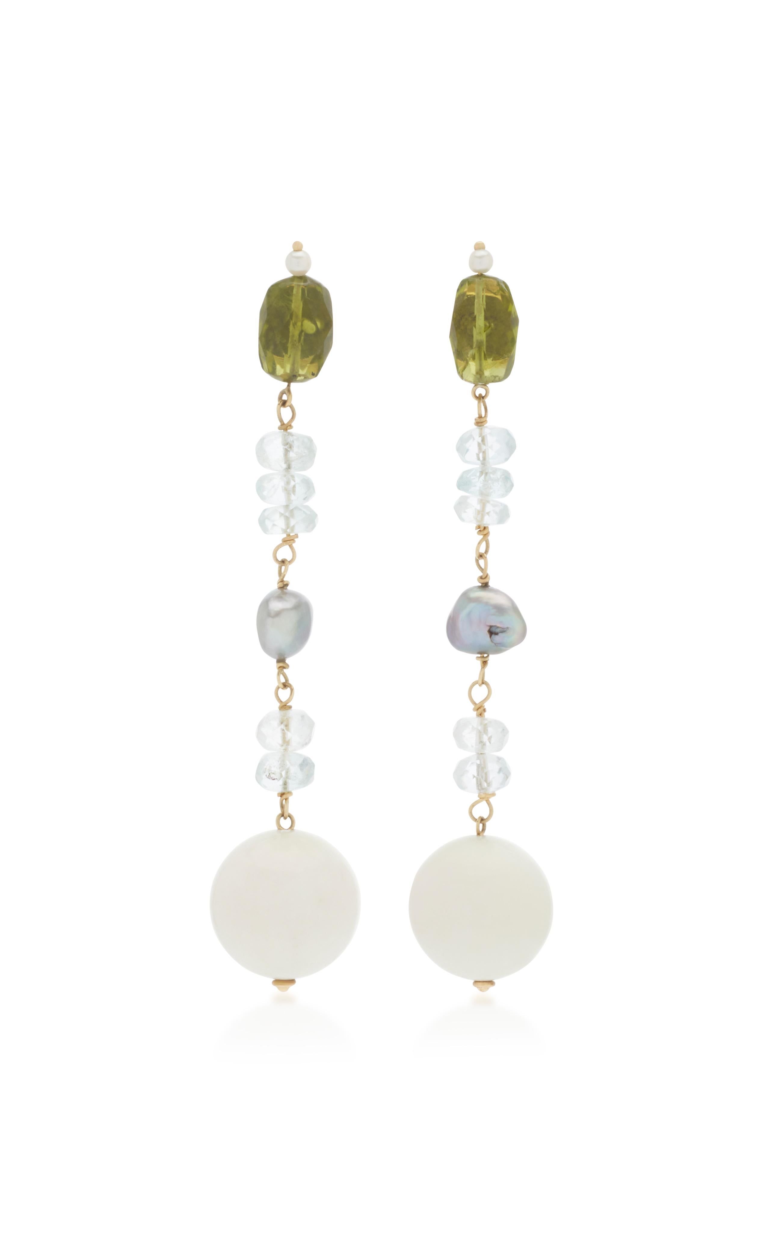 Contemporary Sorab & Roshi Peridot Dangle Earrings with Aqua, Pearl & Kocholong For Sale
