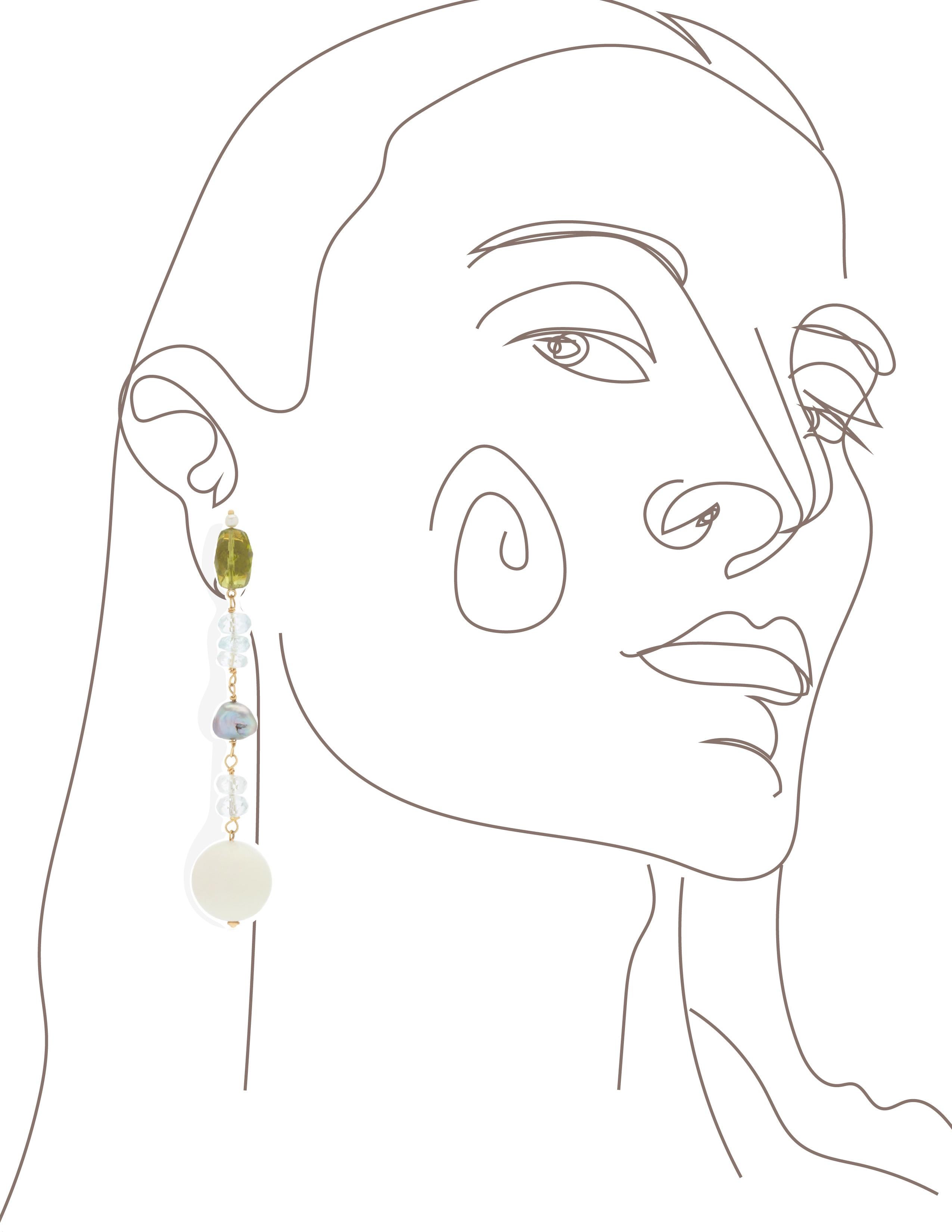 Bead Sorab & Roshi Peridot Dangle Earrings with Aqua, Pearl & Kocholong For Sale