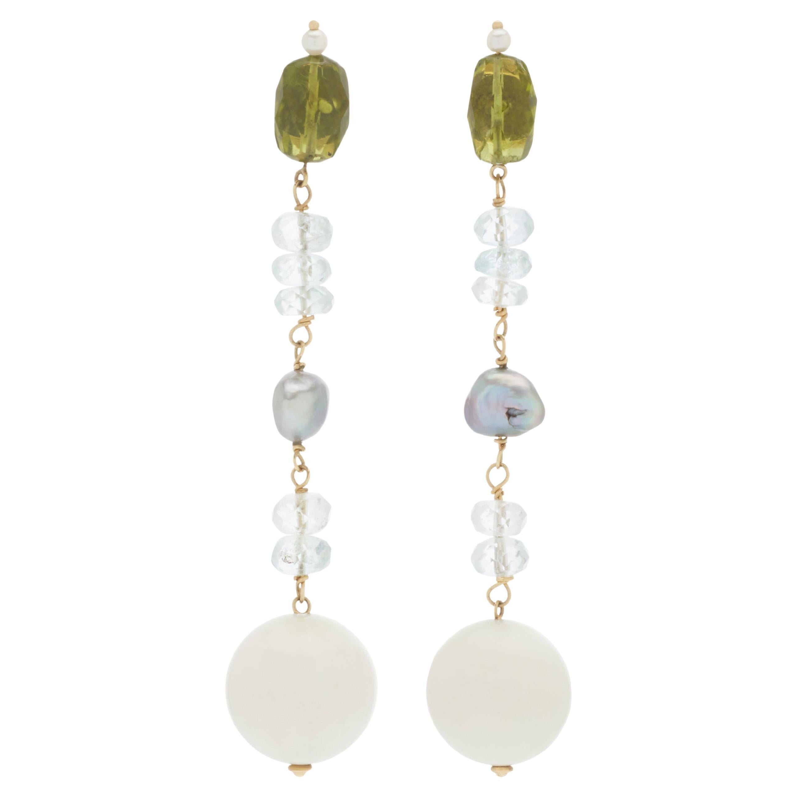 Sorab & Roshi Peridot Dangle Earrings with Aqua, Pearl & Kocholong For Sale