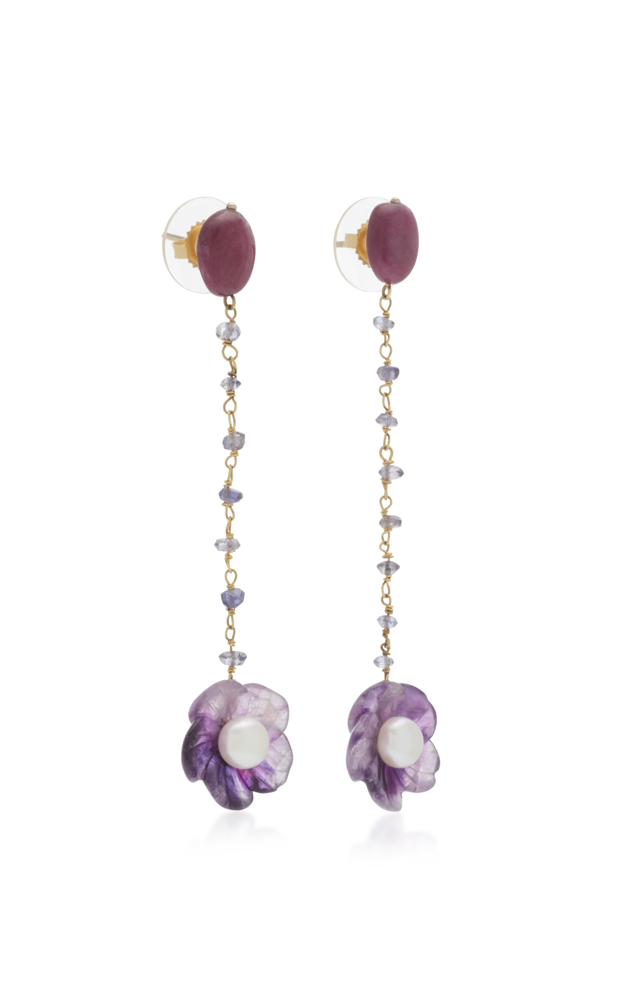 A pair of Ruby nugget Earrings with posts & Iolite bead chain with a carved Amethyst flower dangle with Pearl center. Set in 18 karat gold, signed Sorab & Roshi. 
3