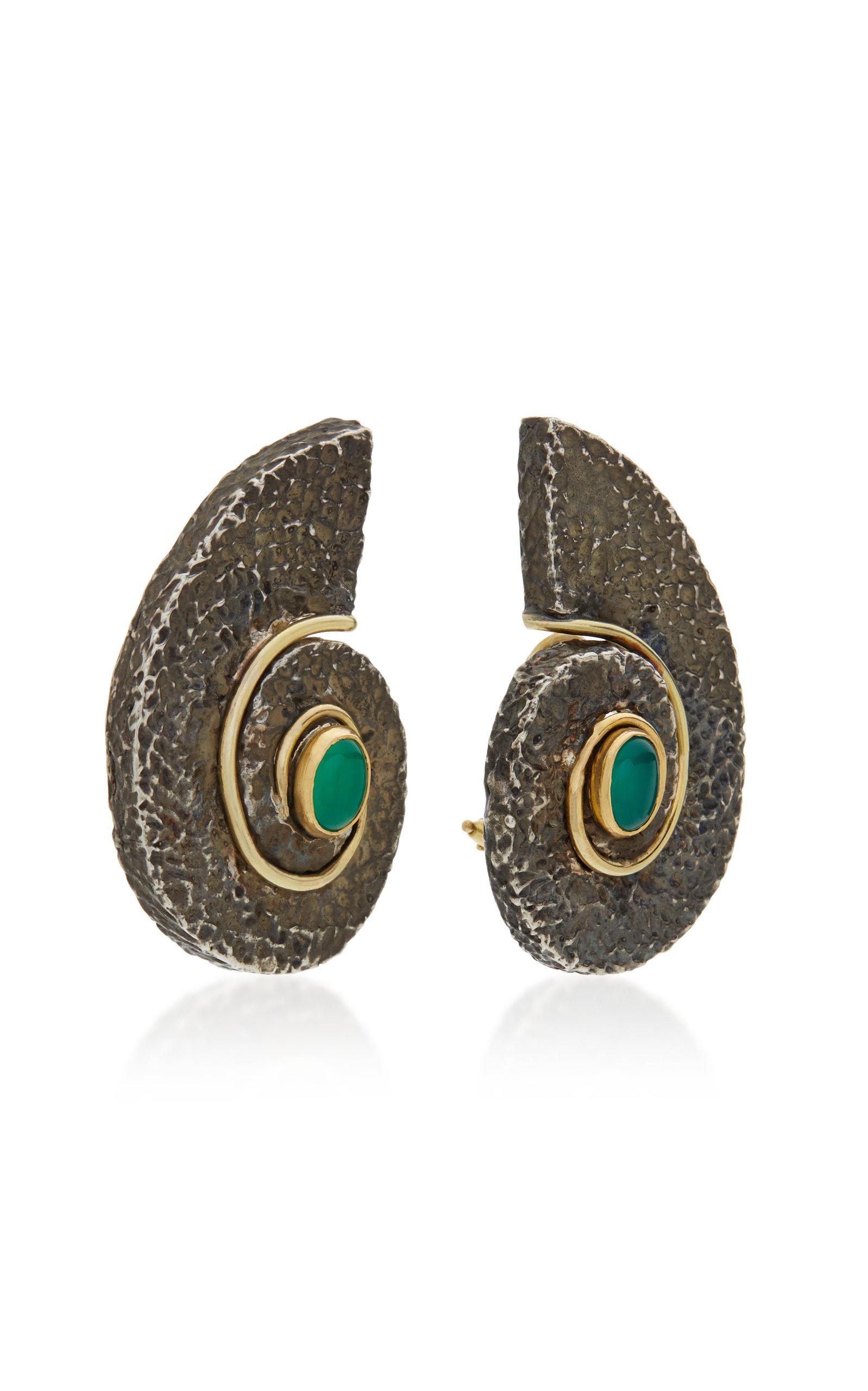 Cabochon Sorab & Roshi Silver Scroll Earrings with Green Onyx For Sale