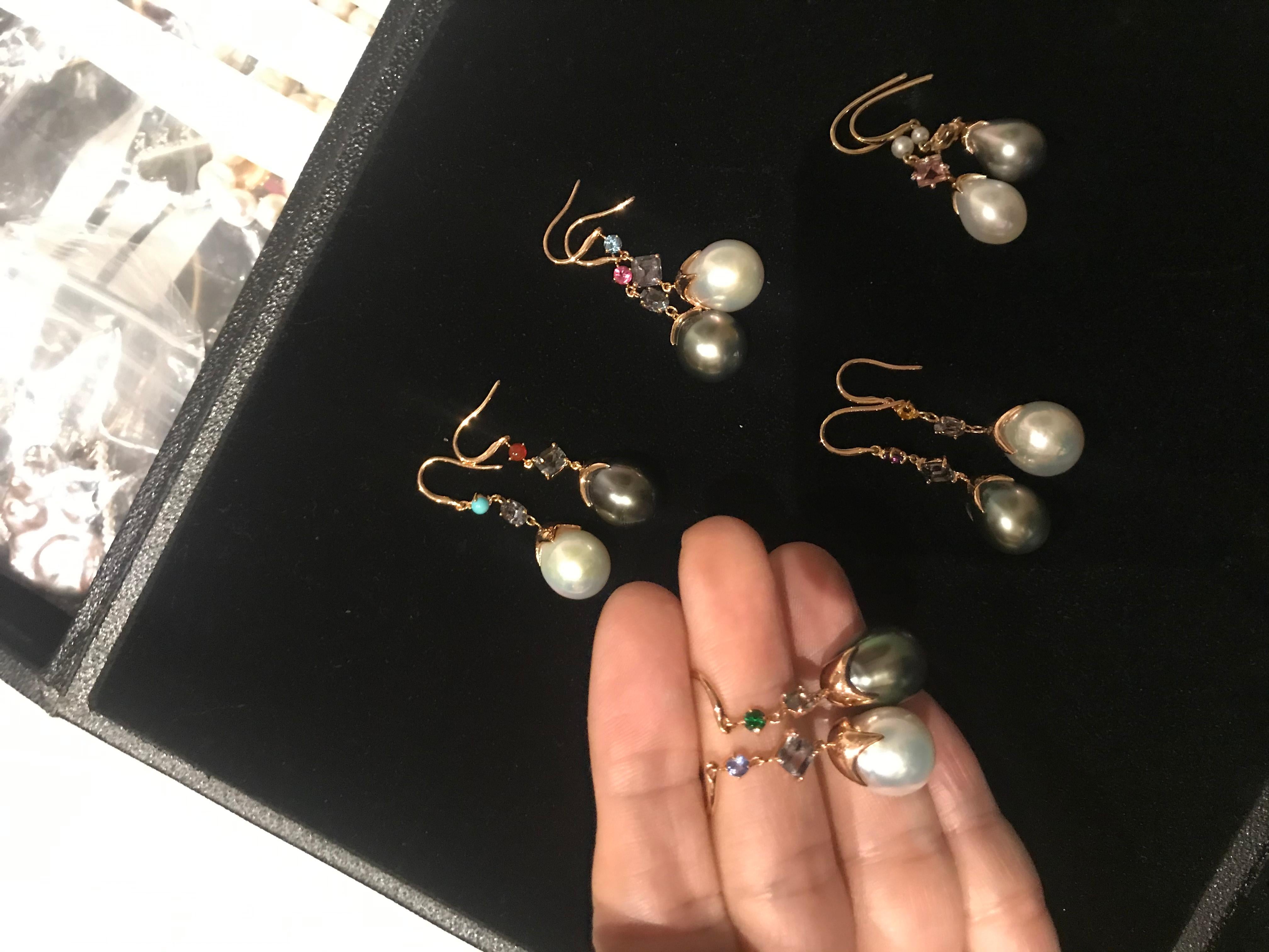 Baroque Soraya 18 Karat Gold, Grey Spinels, Sapphire, Tsavorite and Pearls Earrings For Sale