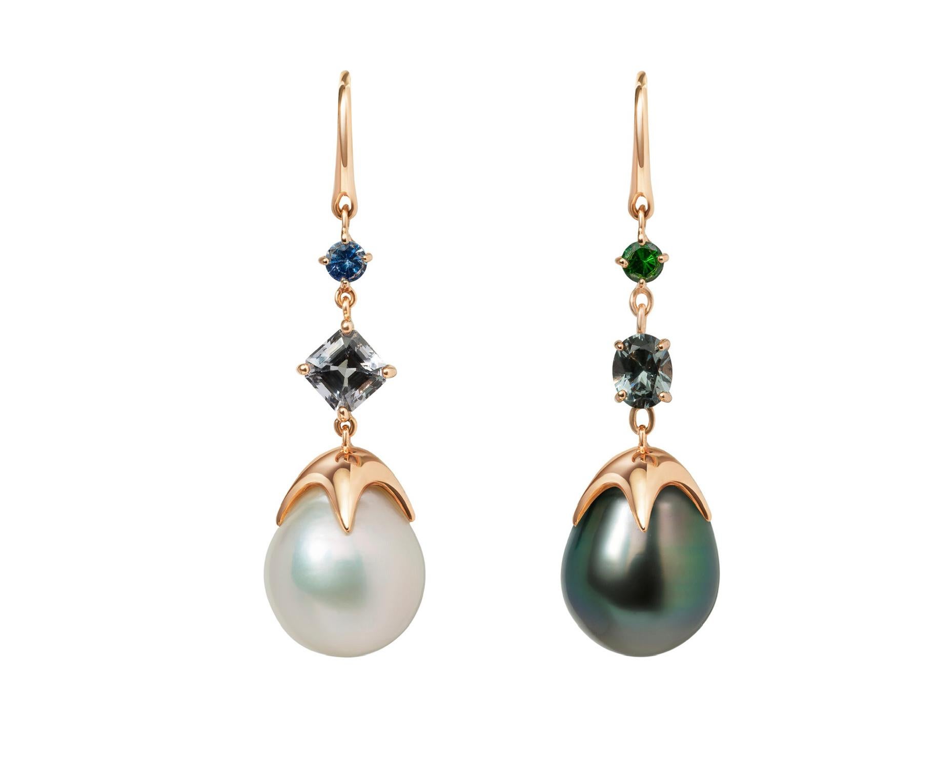 Soraya 18 Karat Gold, Grey Spinels, Sapphire, Tsavorite and Pearls Earrings In New Condition For Sale In Geneve, Genf
