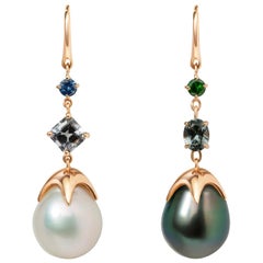 Soraya 18 Karat Gold, Grey Spinels, Sapphire, Tsavorite and Pearls Earrings