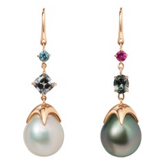 Soraya 18 Karat Gold, Grey Spinels, Tourmaline, Topaz and Pearls Earrings