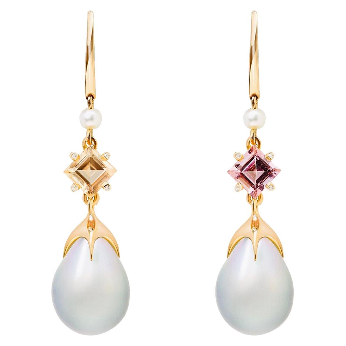 Soraya 18 Karat Gold, Pink and Golden Tourmalines, Diamonds and Pearls Earrings For Sale