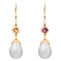 Soraya 18 Karat Gold, Pink and Golden Tourmalines, Diamonds and Pearls Earrings