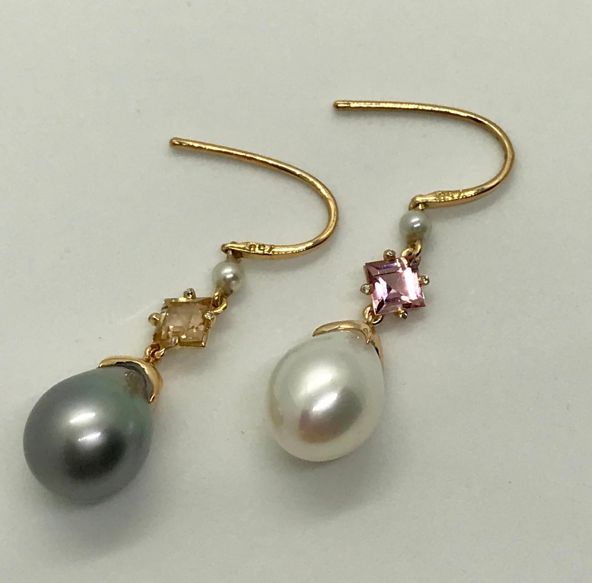 Soraya 18 Karat Gold, Pink and Golden Tourmalines, Diamonds and Pearls Earrings In New Condition For Sale In Geneve, Genf