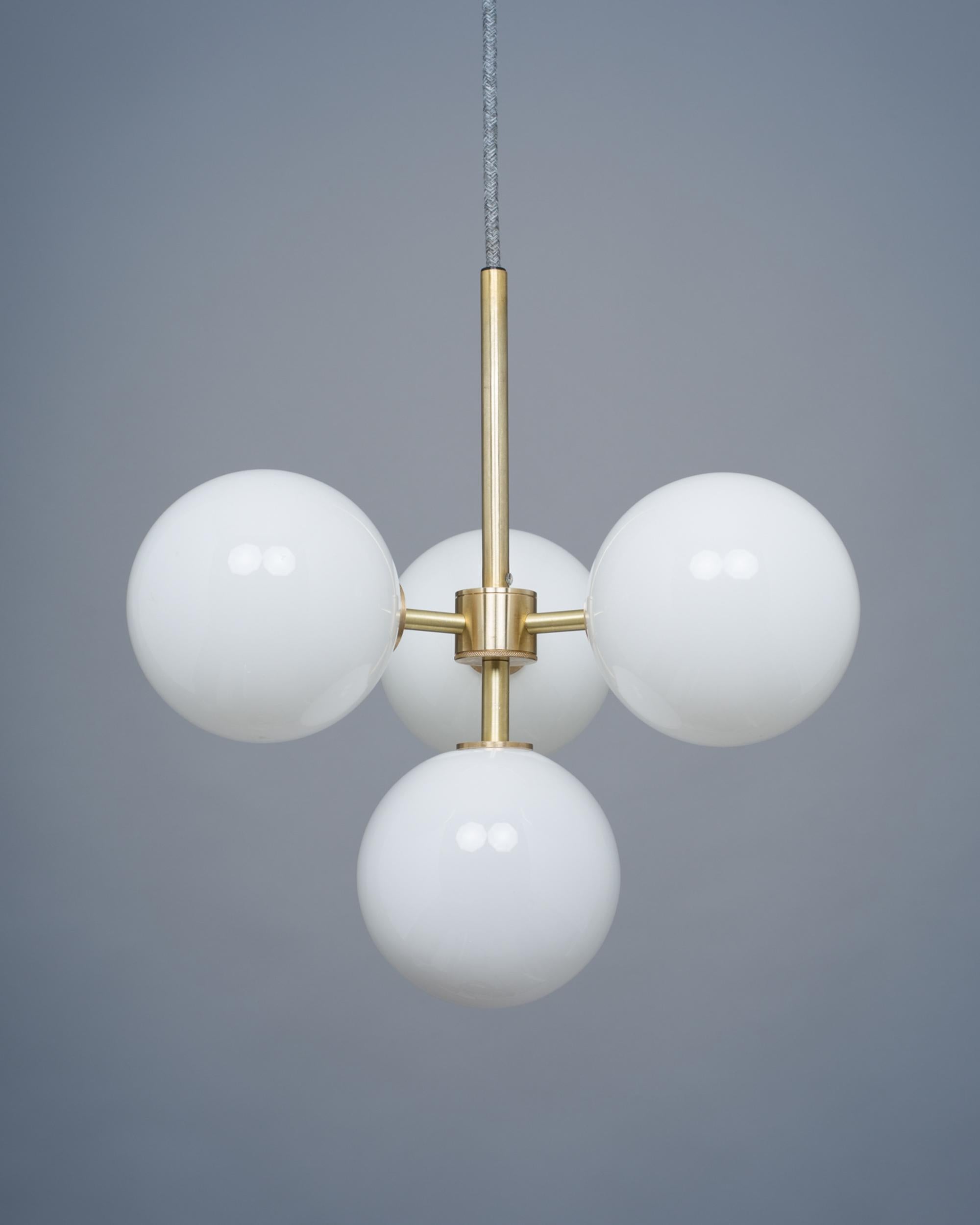 Modern Soraya Four Opal Globe Cluster Pendant, Lighting Fixture, Glass and Brass
