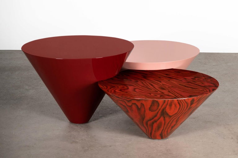 Sorbet Center Table by Royal Stranger
Dimensions: Width 121cm, height 46cm, depth 109cm
Materials: 
Upper lacquered in Cherry Red with glossy finish.
Middle lacquered in Pesca with glossy finish.
Lower in Sottsass Red wood veneer with glossy