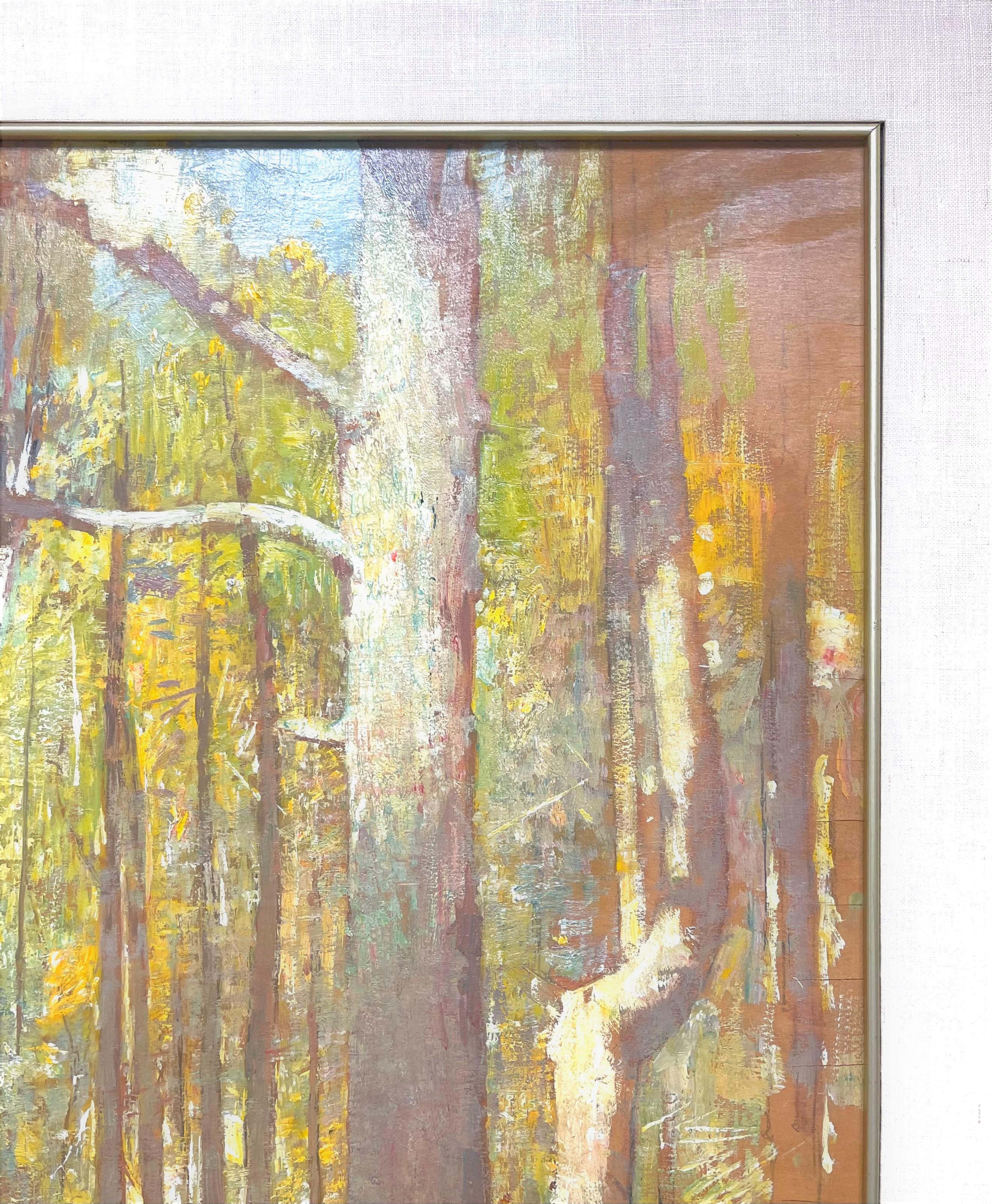 Yellow Landscape/Wood Interior/Birch Forest
3 different titles on 3 labels
DESCRIPTION
Yellow Landscape   oil /panel
bears Florence G. Carlsen Estate stamp on Brett Mitchell Collection label
image 20 x 24
CONDITION
Framed 34 1/2 x 30 1/2 
Minor