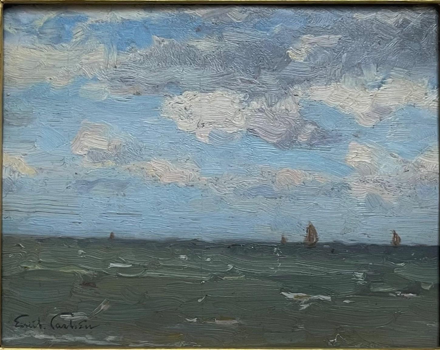 Emil (Soren Emil) Carlsen (1848 or 53 - 1932) 
Seascape with Boats
Oil on Board, Signed, Measures ( 6 x 8.5 inches unframed )
 w/frame ( 12.75 x 14.25 inches )
The painting is in good condition and the frame shows a few nicks.
From Wikipedia, the