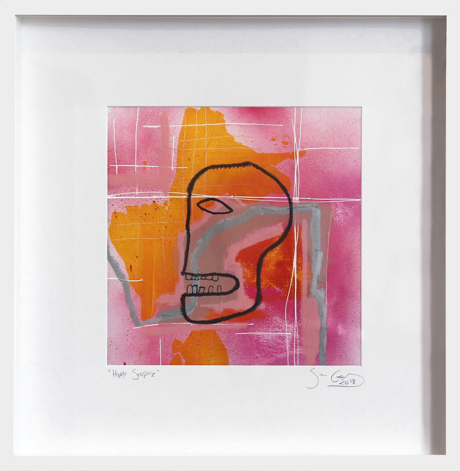 Sorpresa feliz - Pintura original abstracta figurativa colorida enmarcada