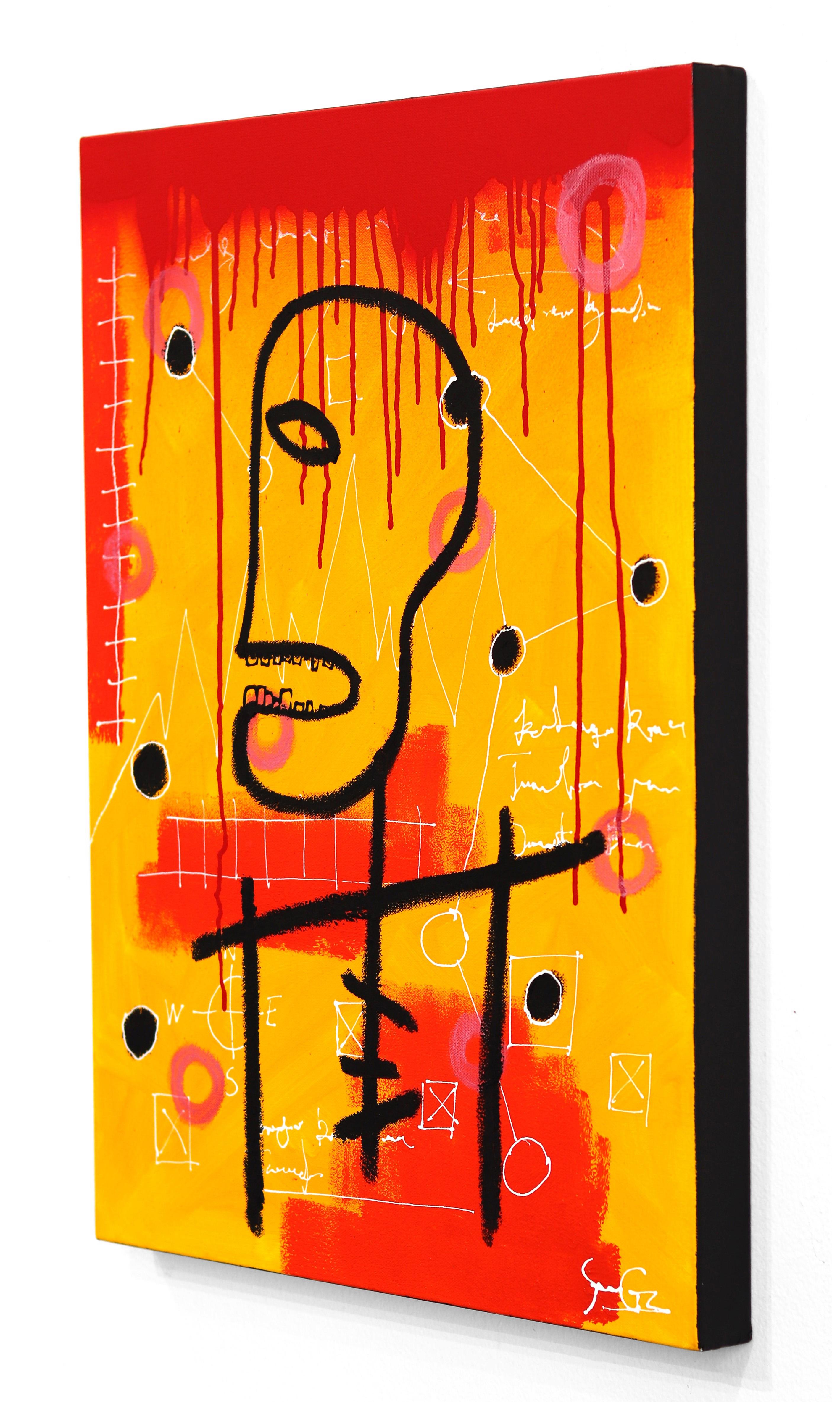 Hard Day - Pintura figurativa roja anaranjada inspirada en Basquiat - Figurative Painting Naranja de Soren Grau