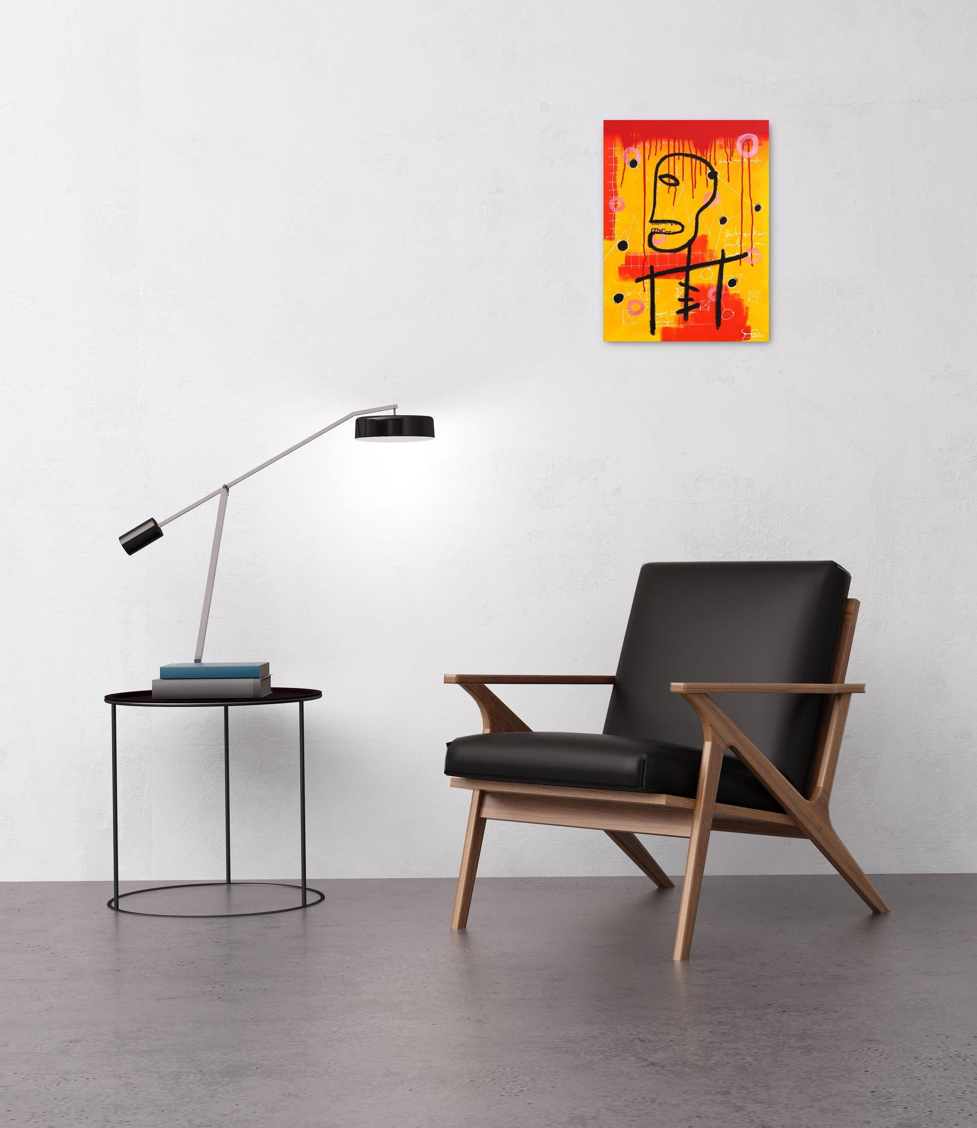 Hard Day - Pintura figurativa roja anaranjada inspirada en Basquiat en venta 1
