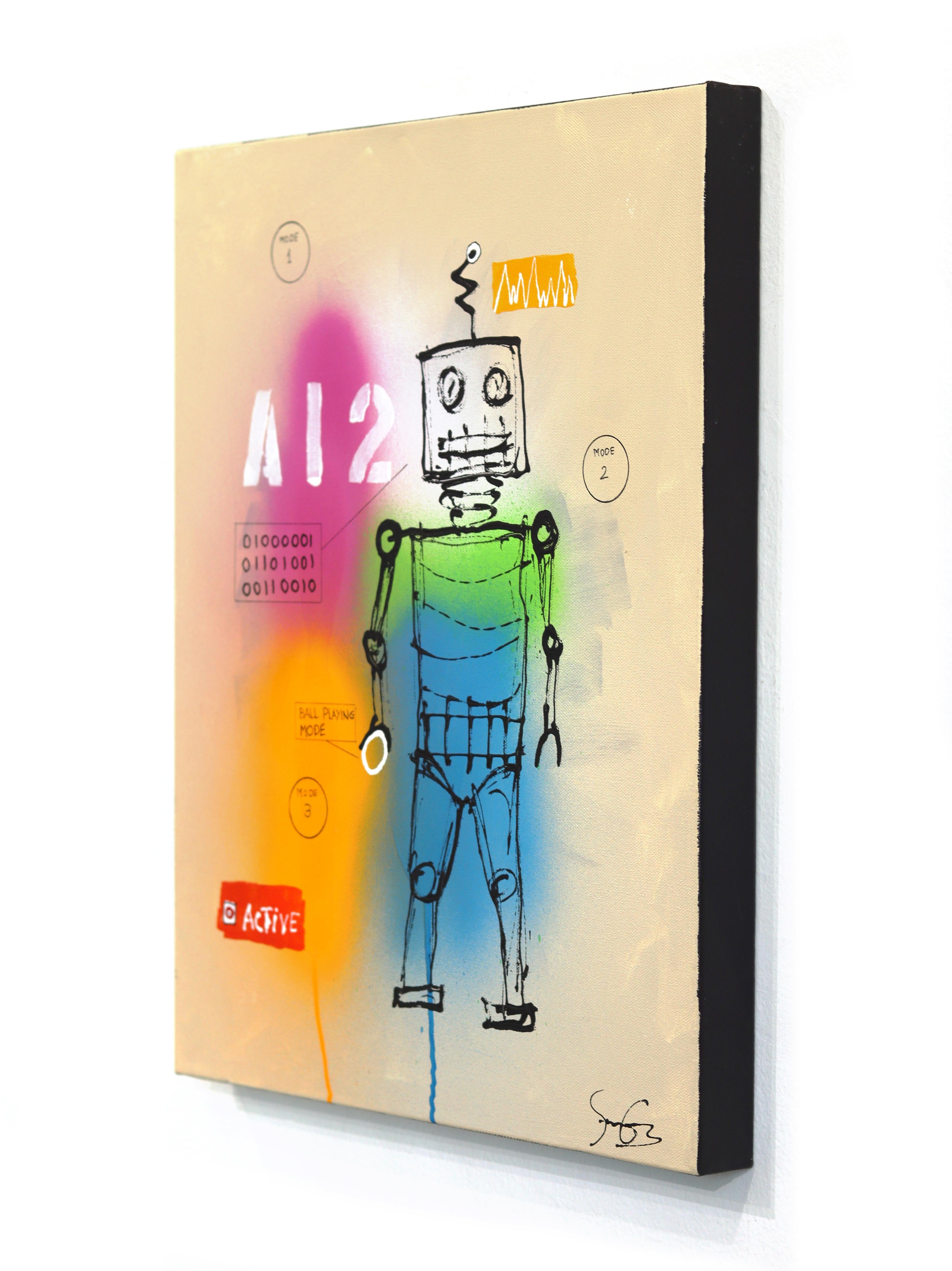 AI 2 - Original Figurative Robot Vibrant Color Drenched Modern Artwork on Canvas - Beige Figurative Painting by Soren Grau