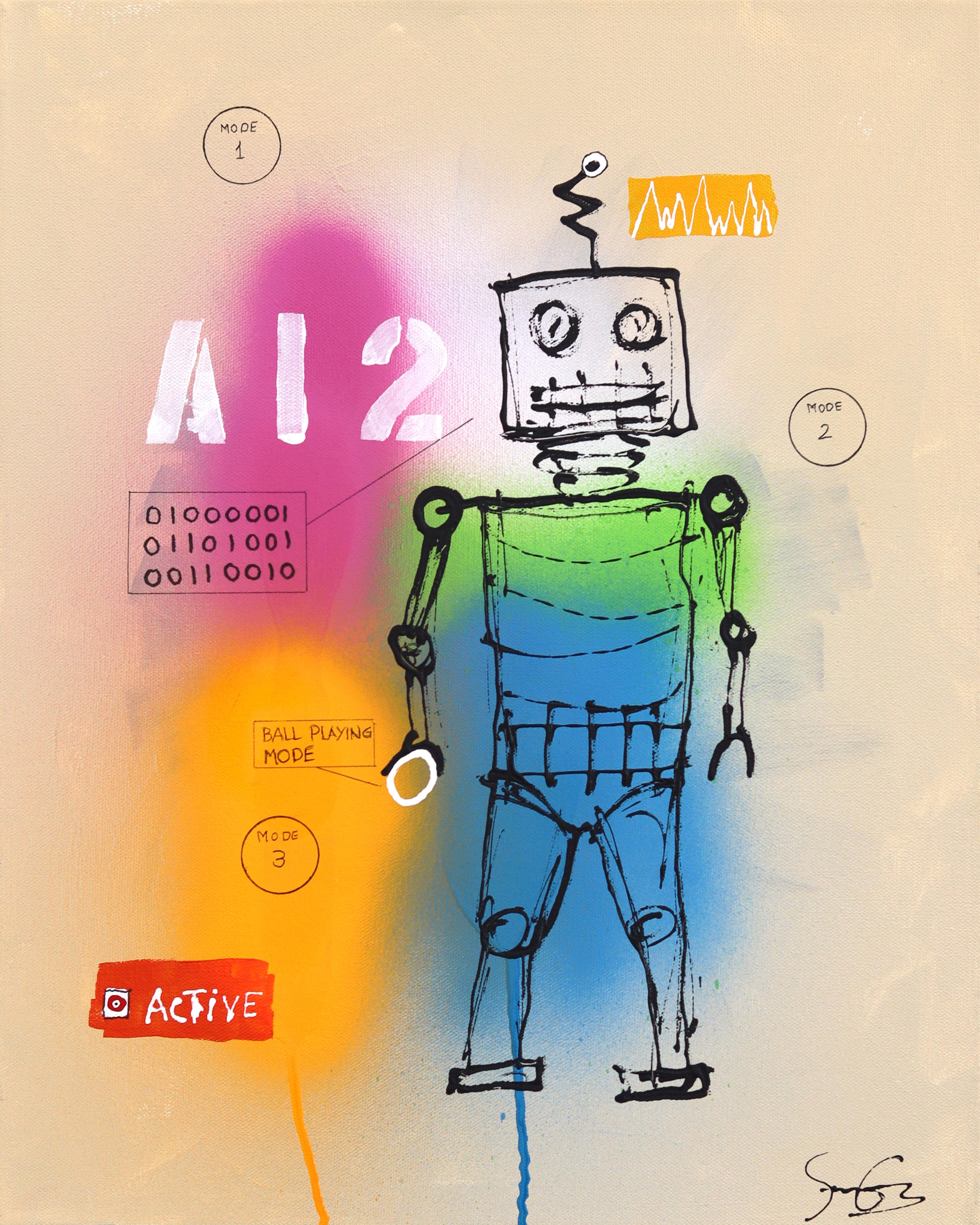 Soren Grau Figurative Painting - AI 2 - Original Figurative Robot Vibrant Color Drenched Modern Artwork on Canvas