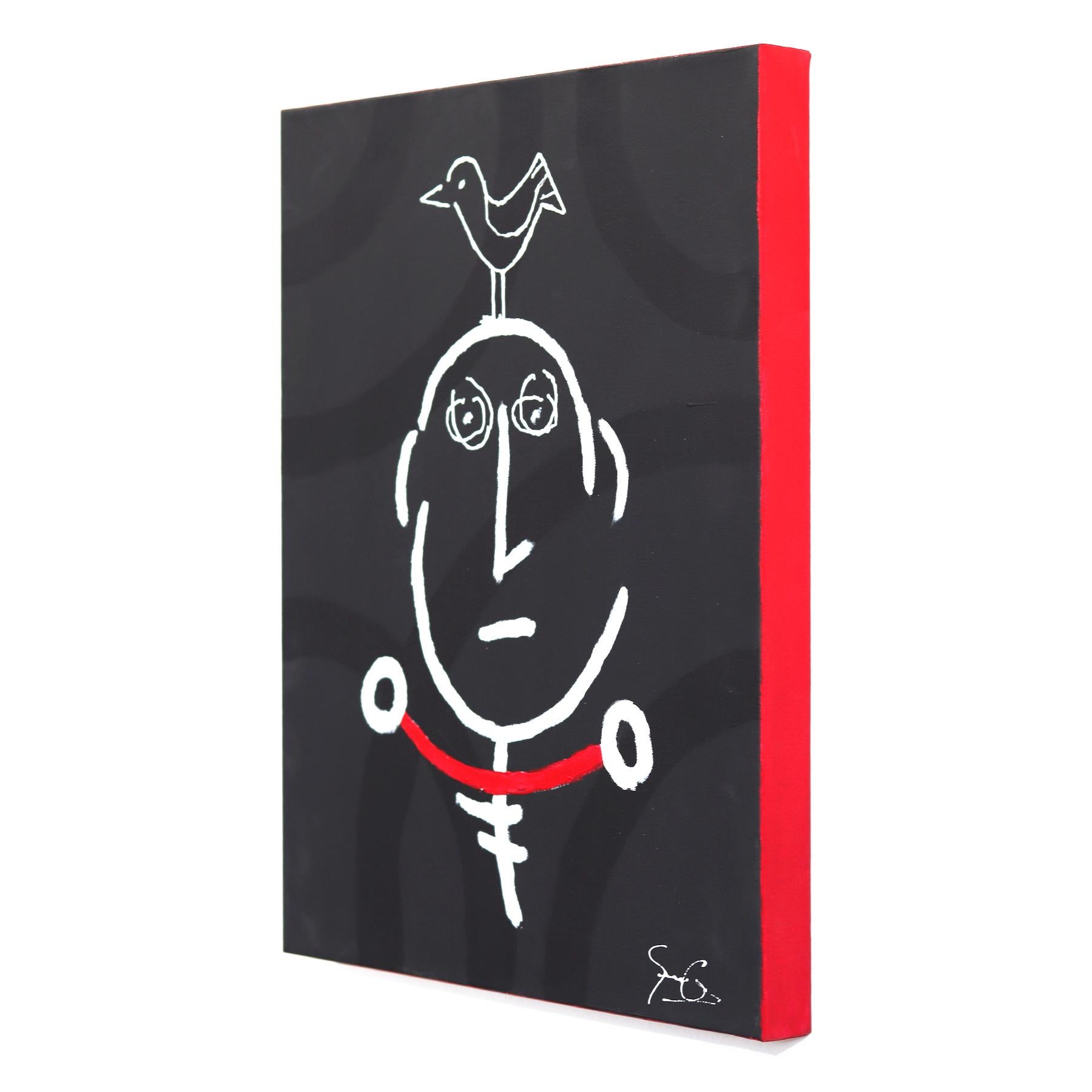 Birdhead 11 - Contemporary Quirky Figurative Mixed Media Artwork on Canvas - Black Figurative Painting by Soren Grau