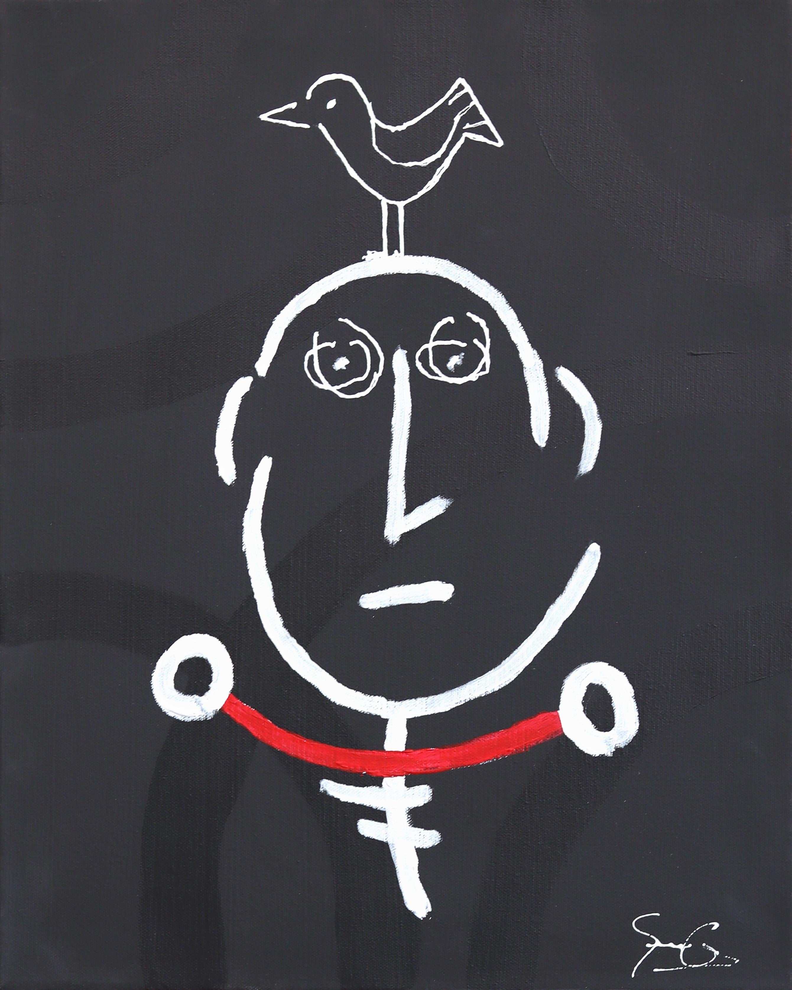 Soren Grau Figurative Painting - Birdhead 11 - Contemporary Quirky Figurative Mixed Media Artwork on Canvas