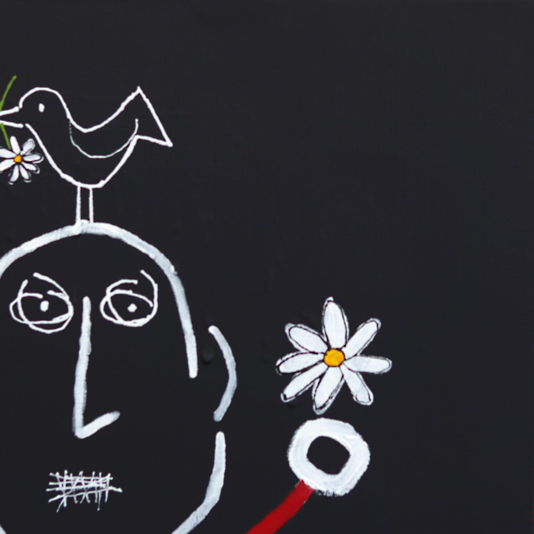 Birdhead in Bloom - Original Figurative Black, Red, White Abstract Artwork For Sale 1