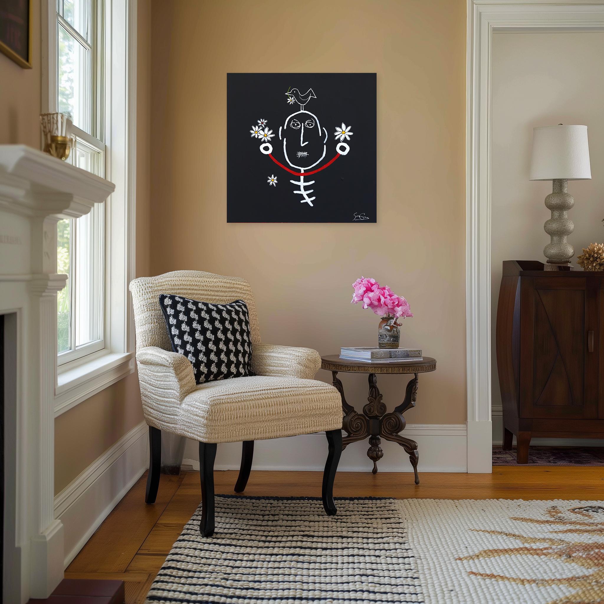 Birdhead in Bloom - Original Figurative Black, Red, White Abstract Artwork For Sale 2