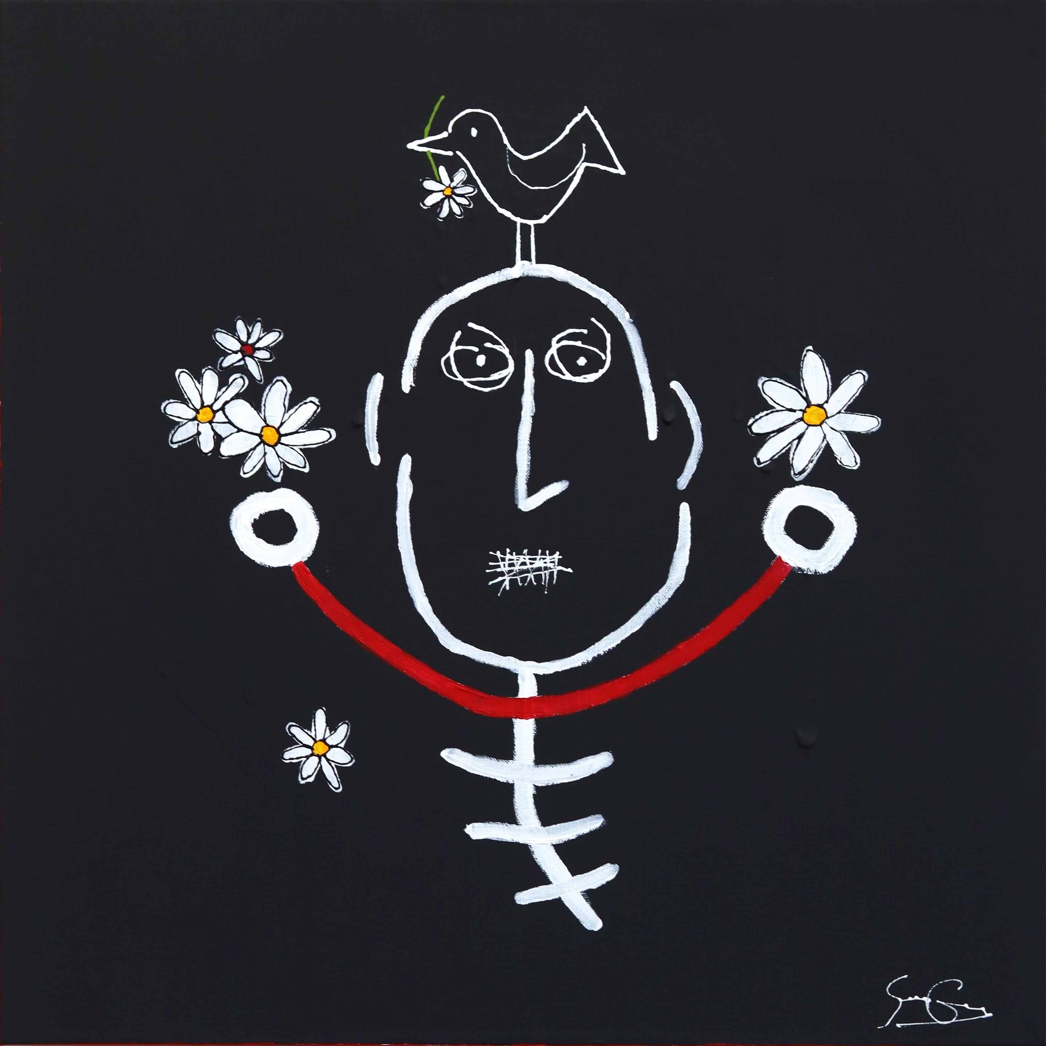 Soren Grau Abstract Painting - Birdhead in Bloom - Original Figurative Black, Red, White Abstract Artwork