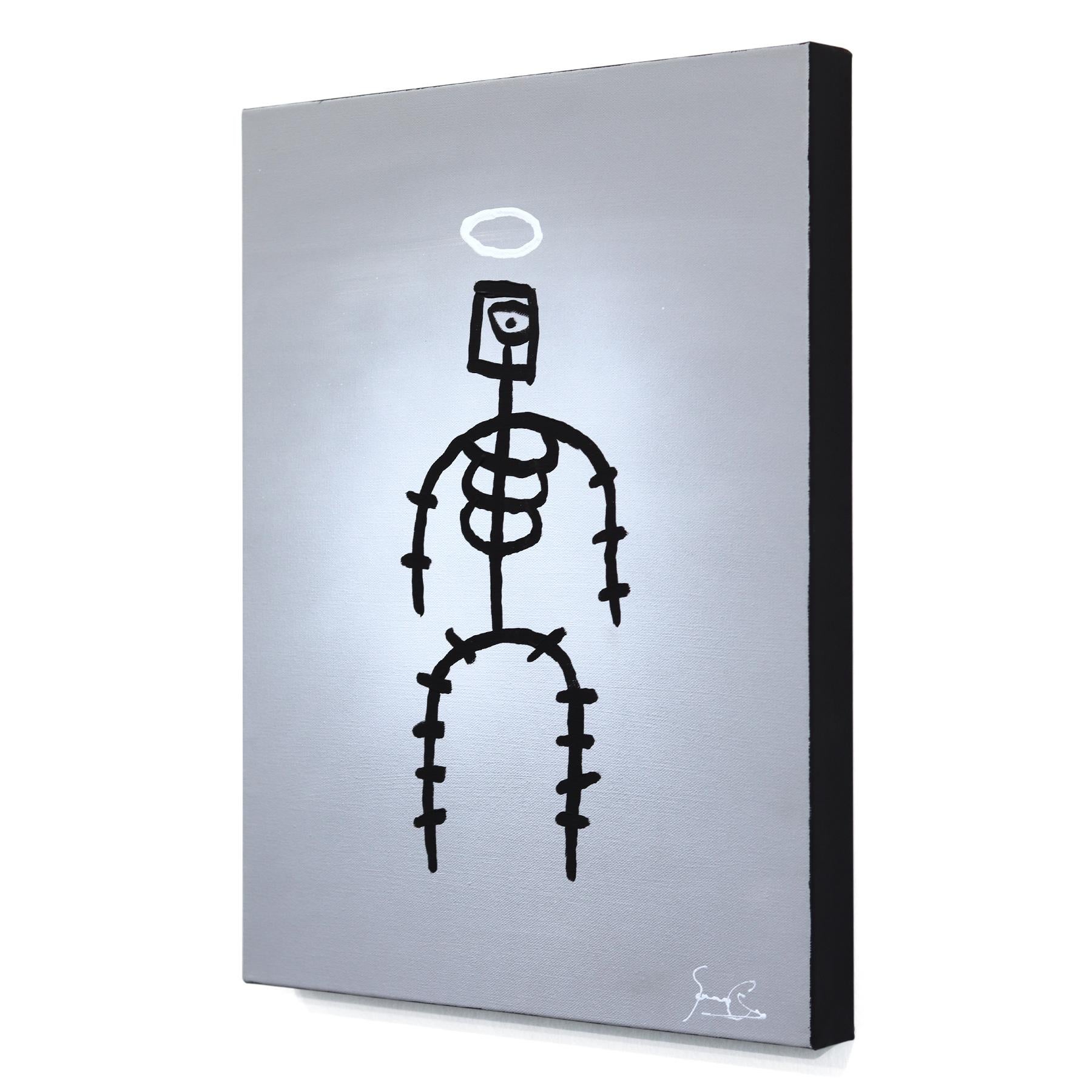 Halo Stickman - Quirky Abstract Modern Figurative Mixed Media Artwork on Canvas - Gray Figurative Painting by Soren Grau