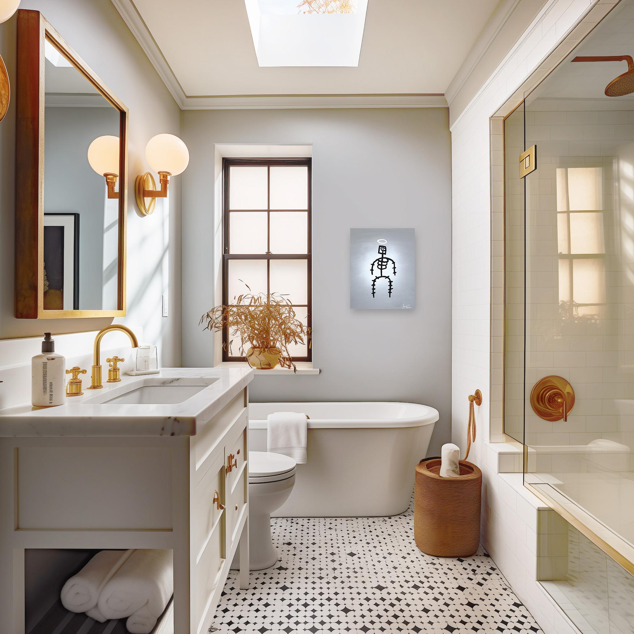 Halo Stickman - Quirky Abstract Modern Figurative Mixed Media Artwork on Canvas For Sale 1