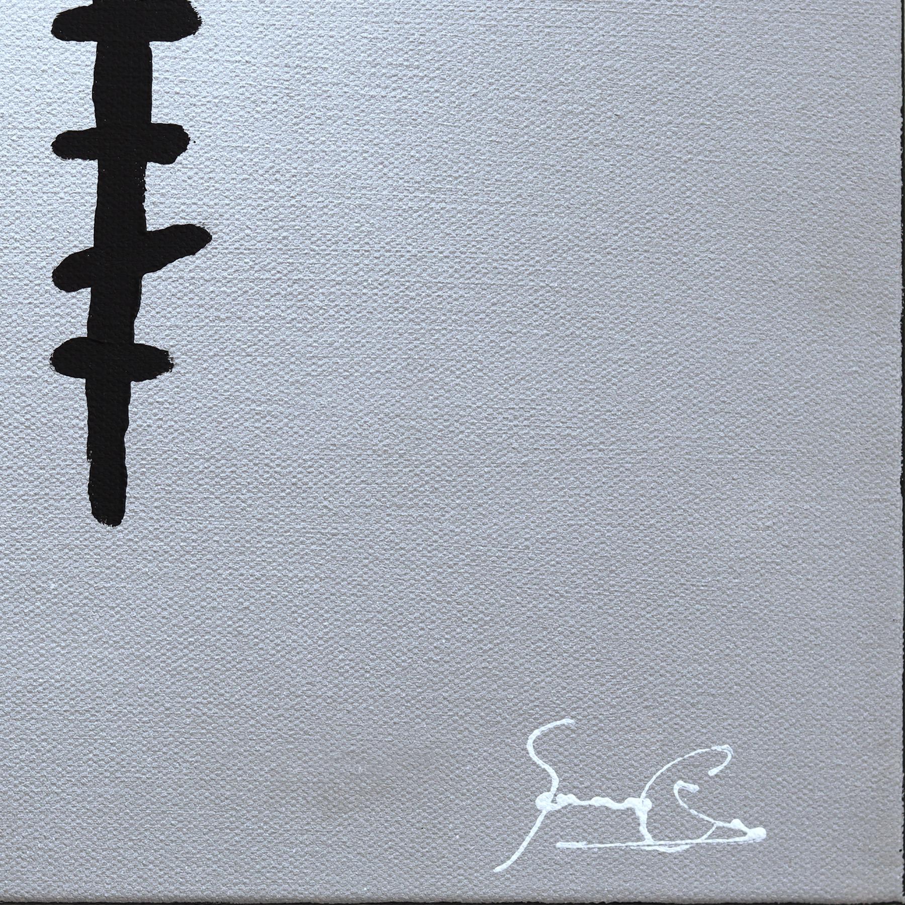 Halo Stickman - Quirky Abstract Modern Figurative Mixed Media Artwork on Canvas For Sale 3