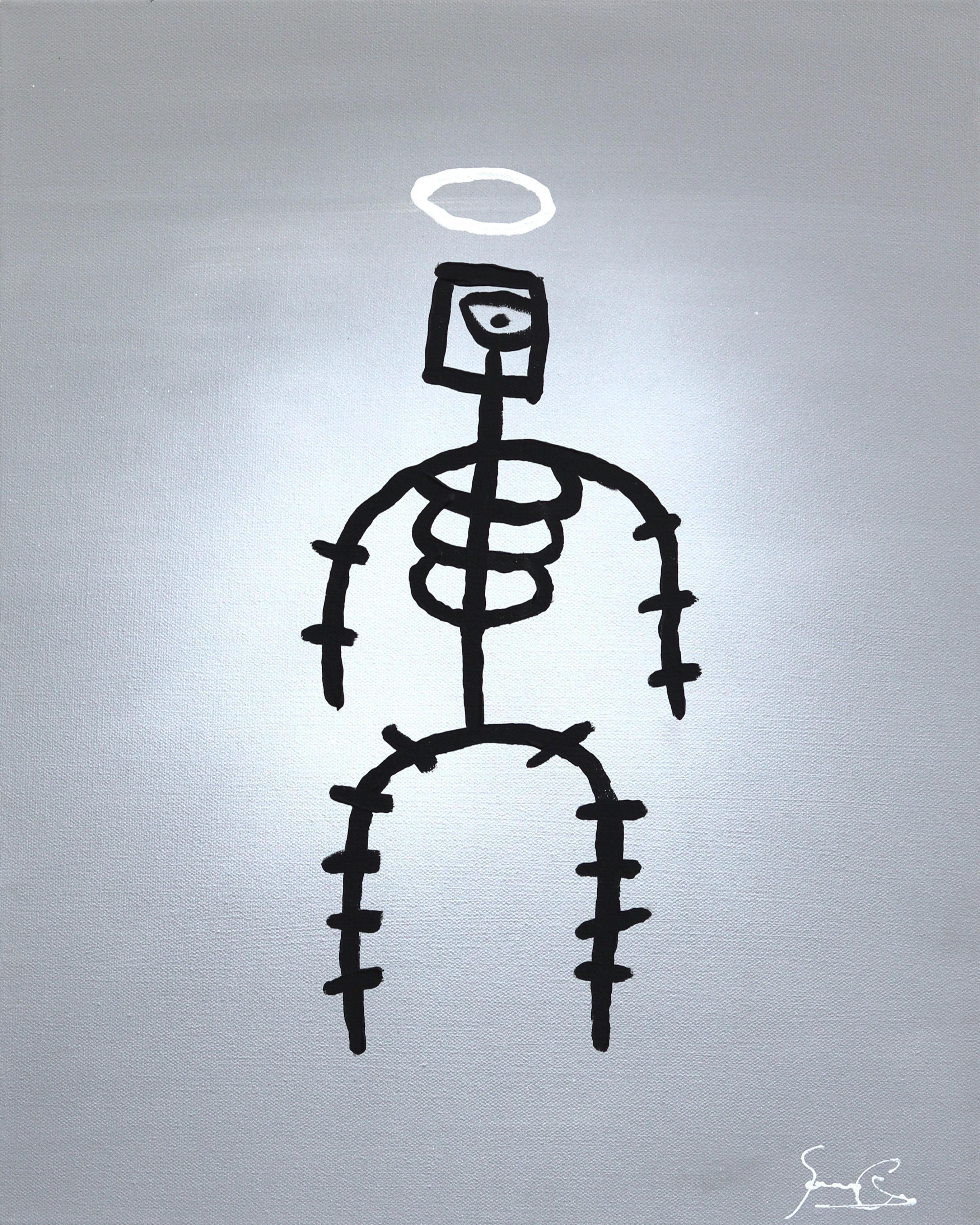 Soren Grau Figurative Painting - Halo Stickman - Quirky Abstract Modern Figurative Mixed Media Artwork on Canvas