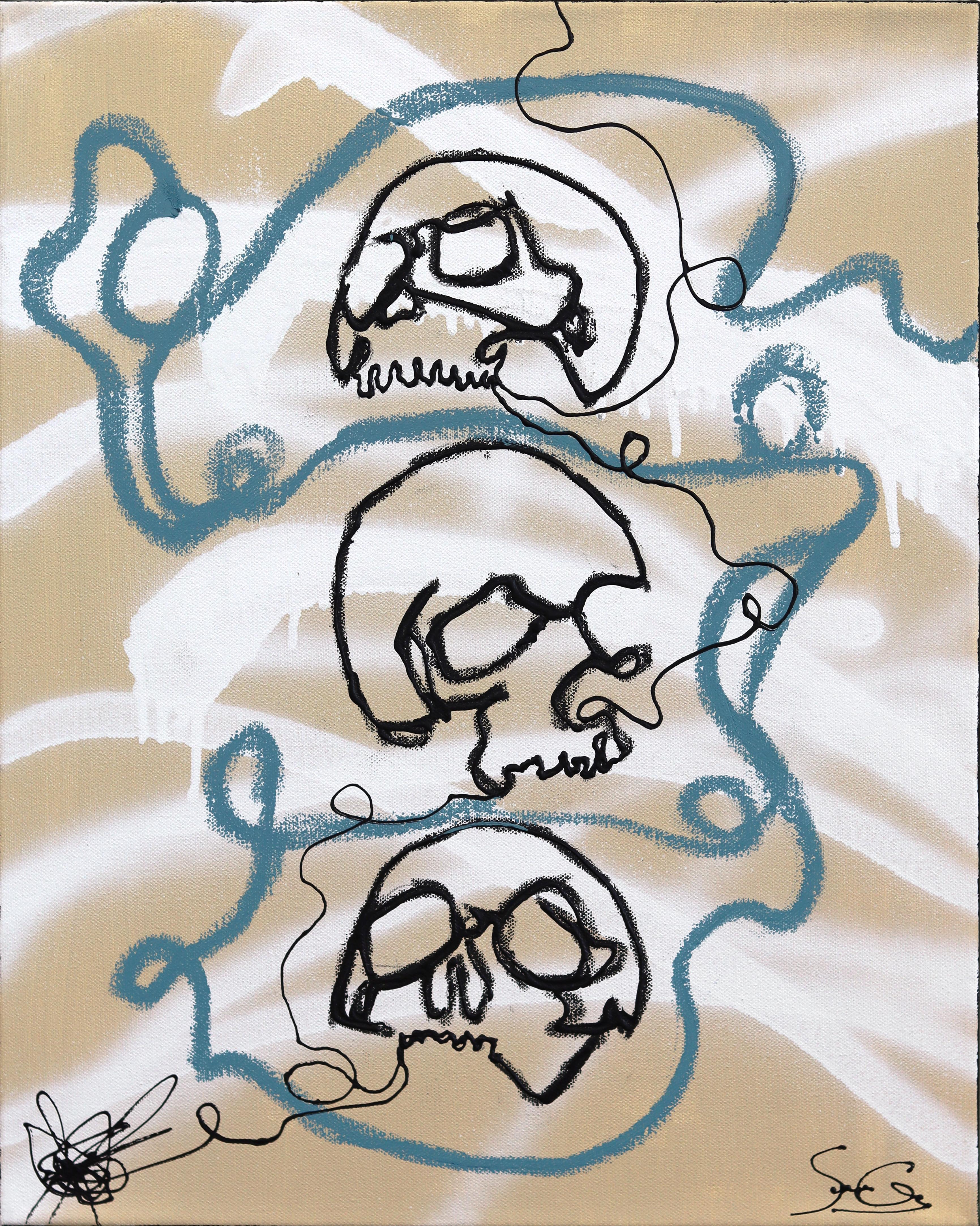 Abstract Painting Soren Grau - Hear See Speak - Abstract Figurative Skulls Mixed Media Urban Artwork on Canvas
