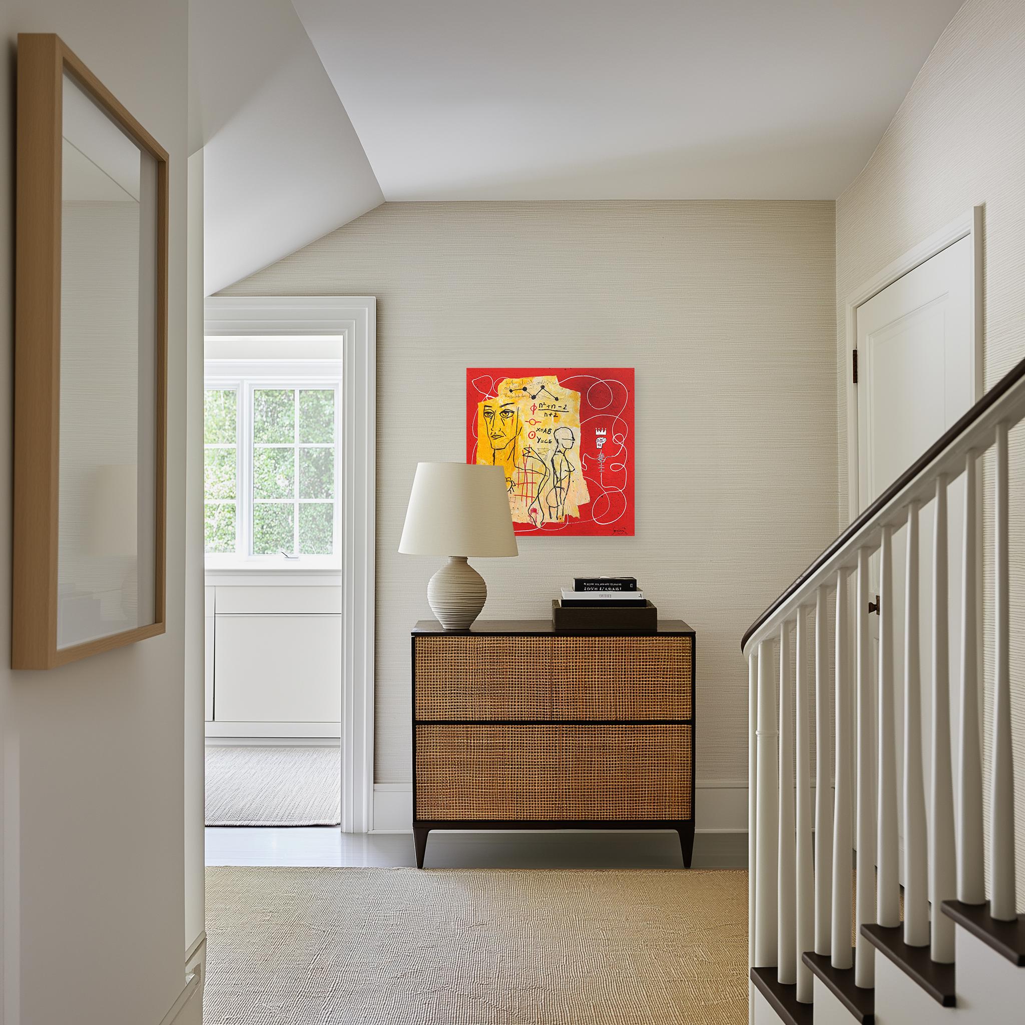 Human Formula - Red & Yellow Abstract Quirky Figurative Mixed Media Artwork - Painting by Soren Grau