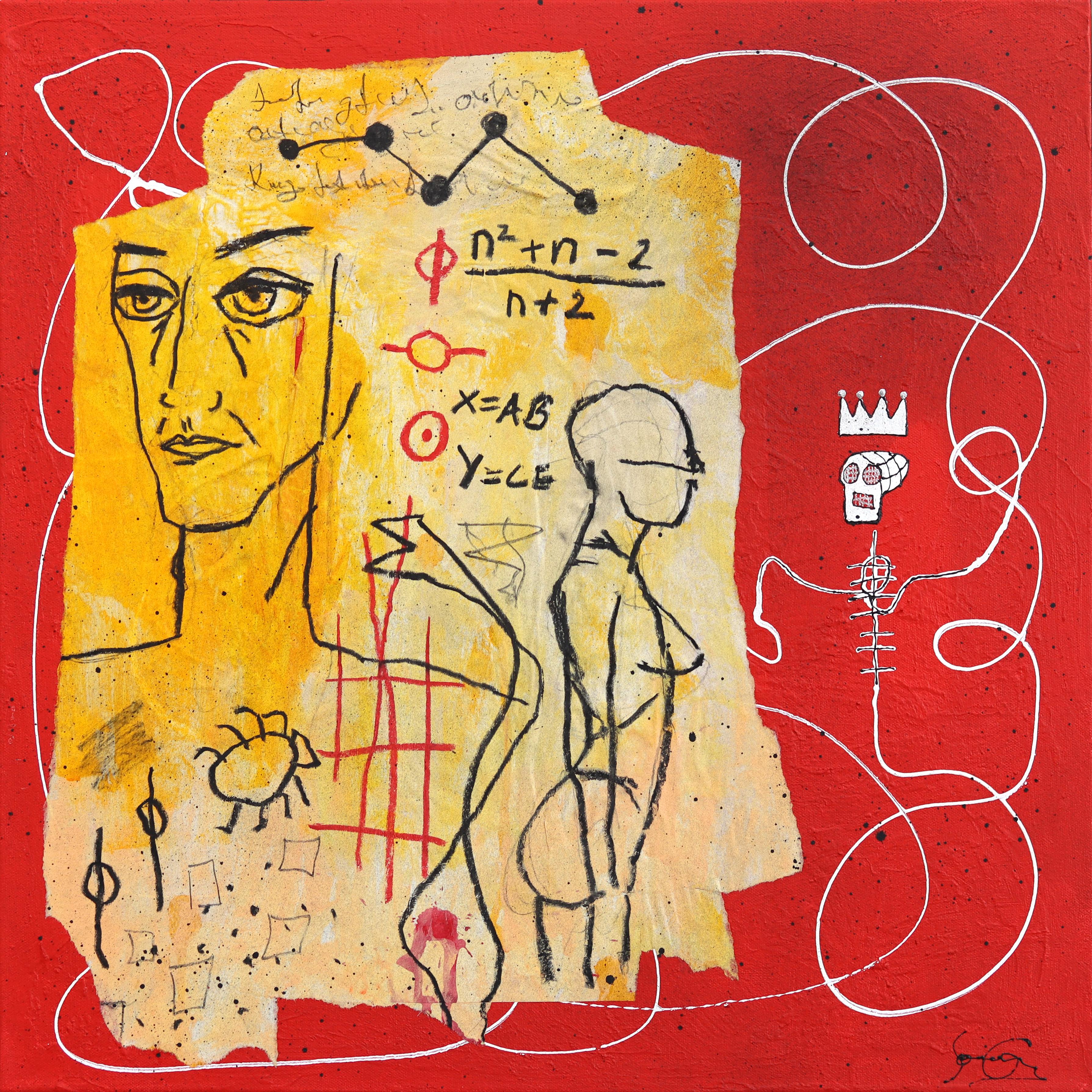 Soren Grau Figurative Painting - Human Formula - Red & Yellow Abstract Quirky Figurative Mixed Media Artwork