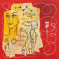 Human Formula - Red & Yellow Abstract Quirky Figurative Mixed Media Artwork
