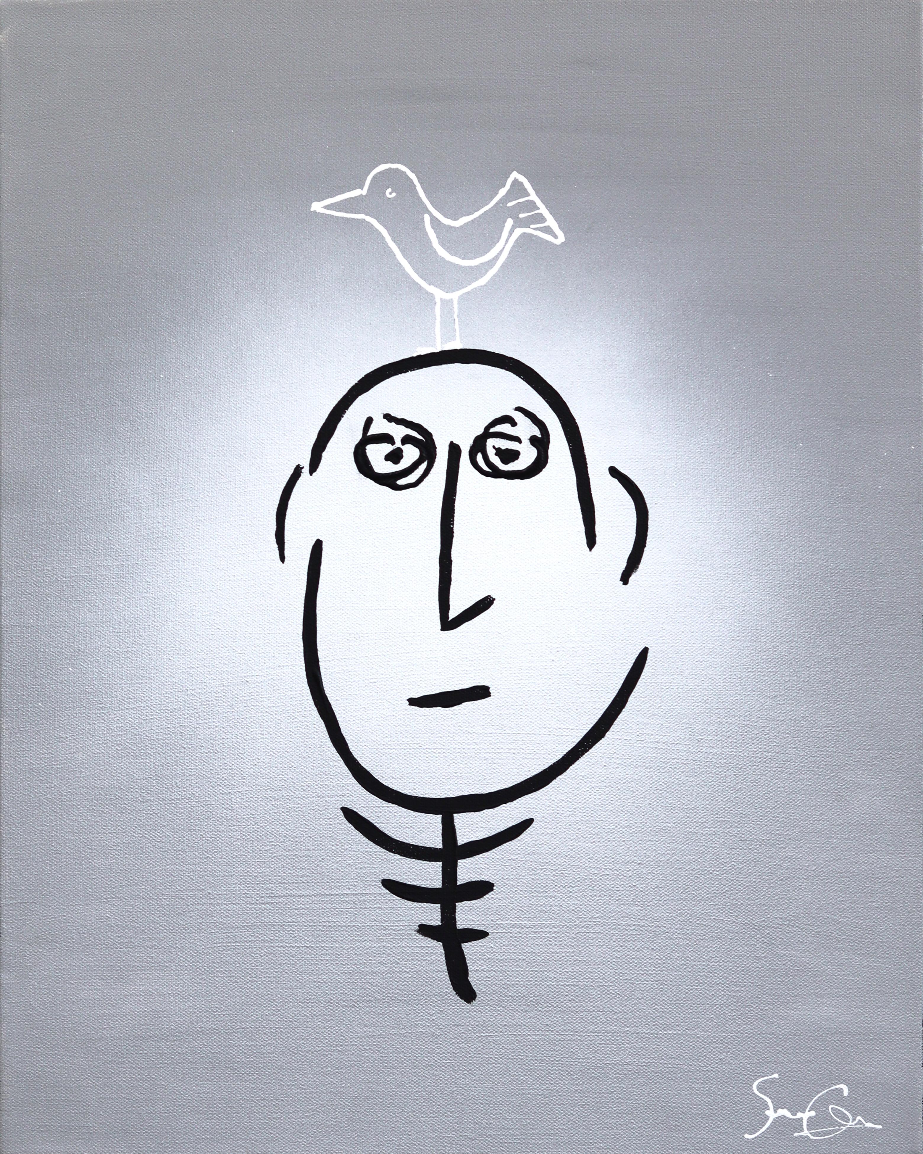 Abstract Painting Soren Grau - Original Birdhead - Modern Abstract Quirky Figurative Mixed Media Art on Canvas