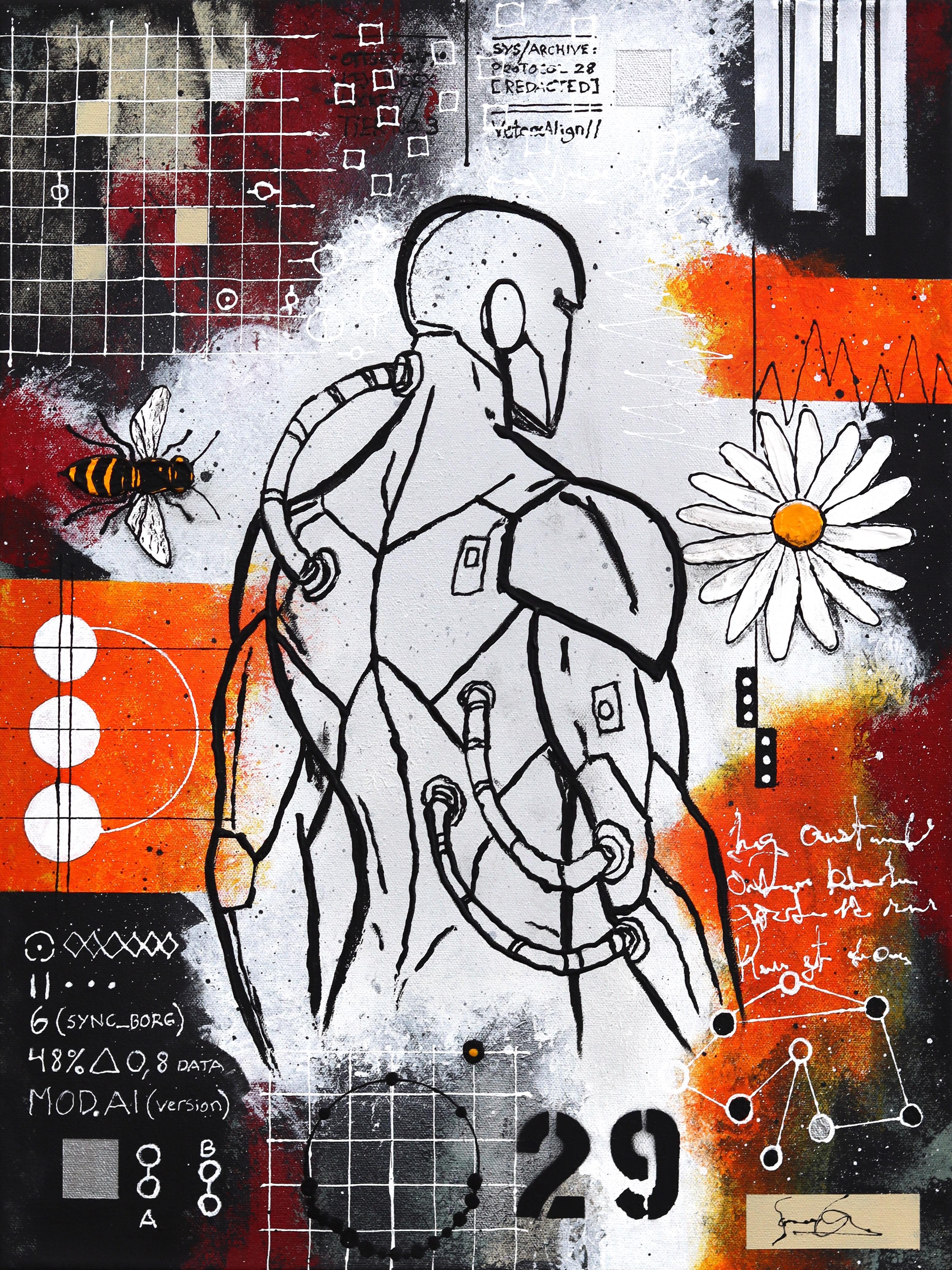 Soren Grau Figurative Painting - Protocol 29 - Abstract Figurative Black Orange Mixed Media Artwork on Canvas