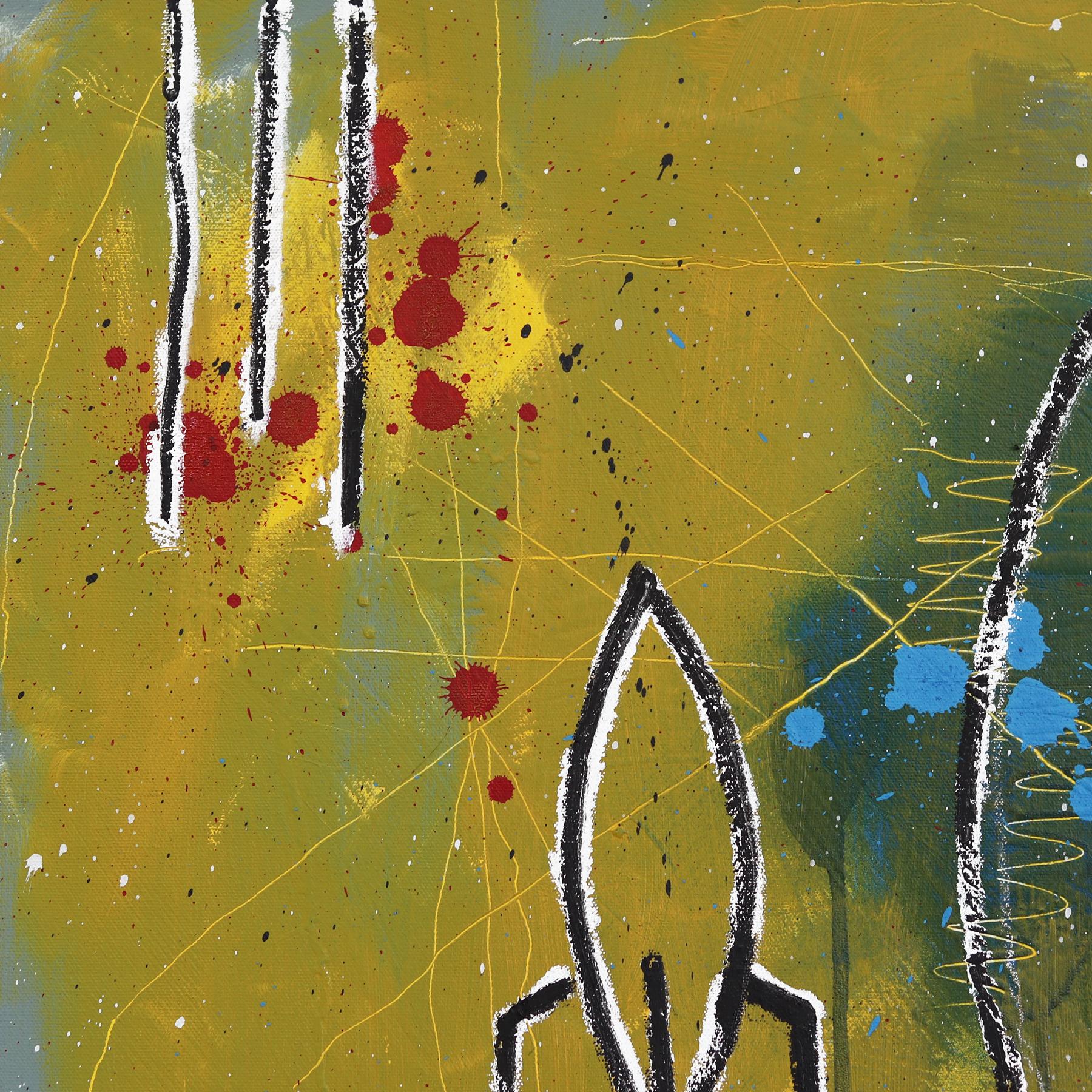 Cohetes - Obra de Arte Figurativa Neoexpresionista Amarilla - Figurative Painting Amarillo de Soren Grau