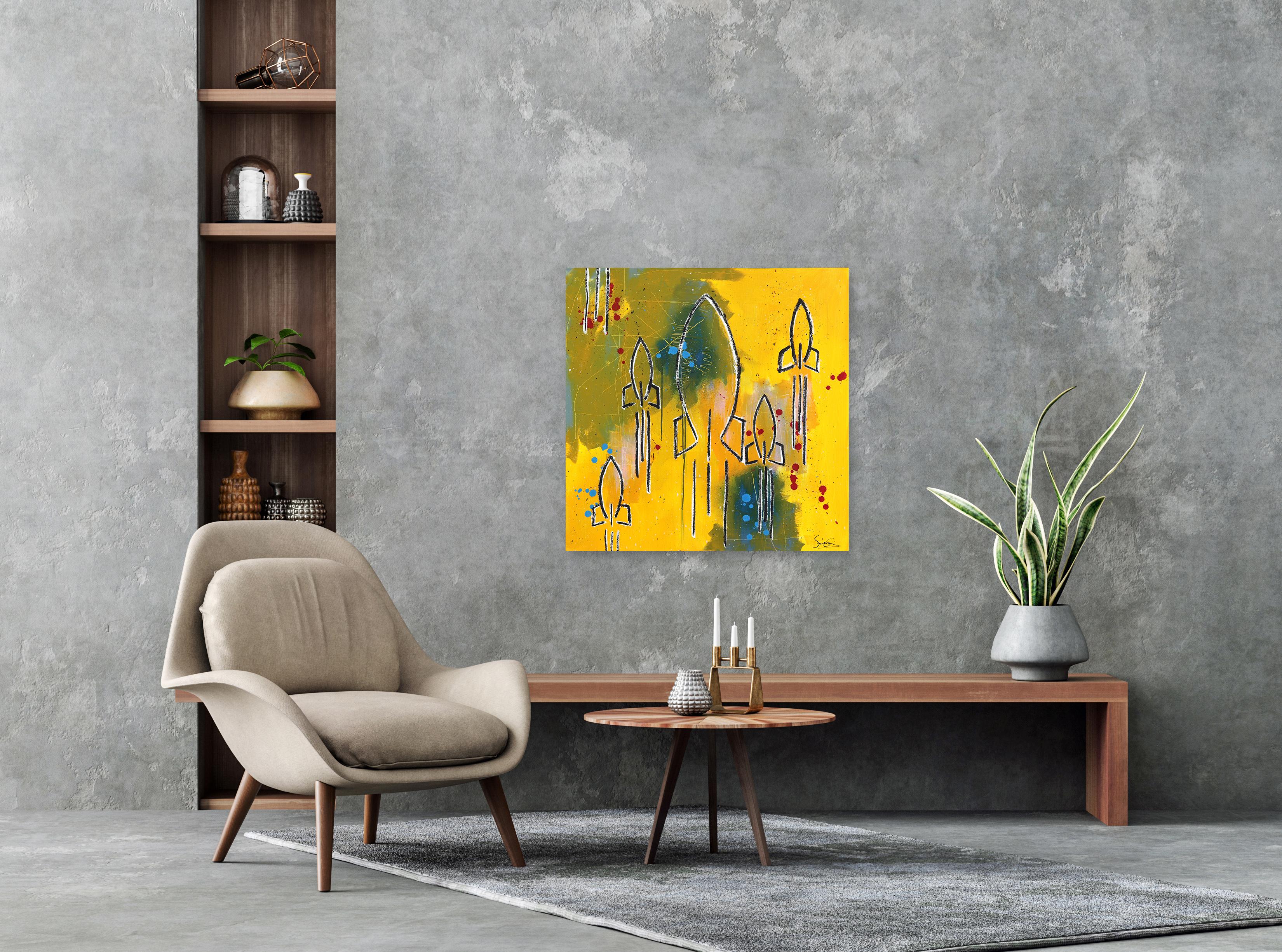 Cohetes - Obra de Arte Figurativa Neoexpresionista Amarilla en venta 2