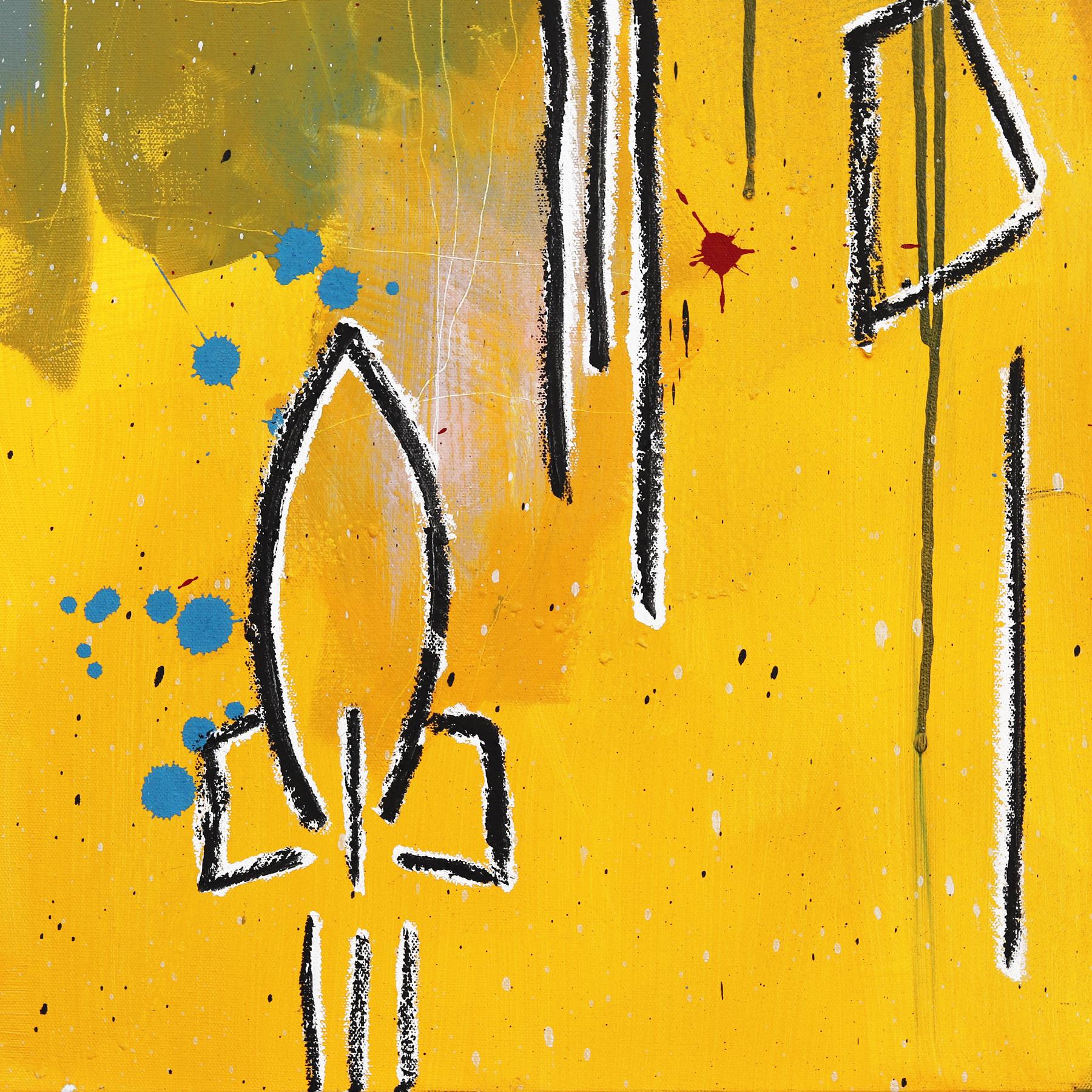 Cohetes - Obra de Arte Figurativa Neoexpresionista Amarilla en venta 3